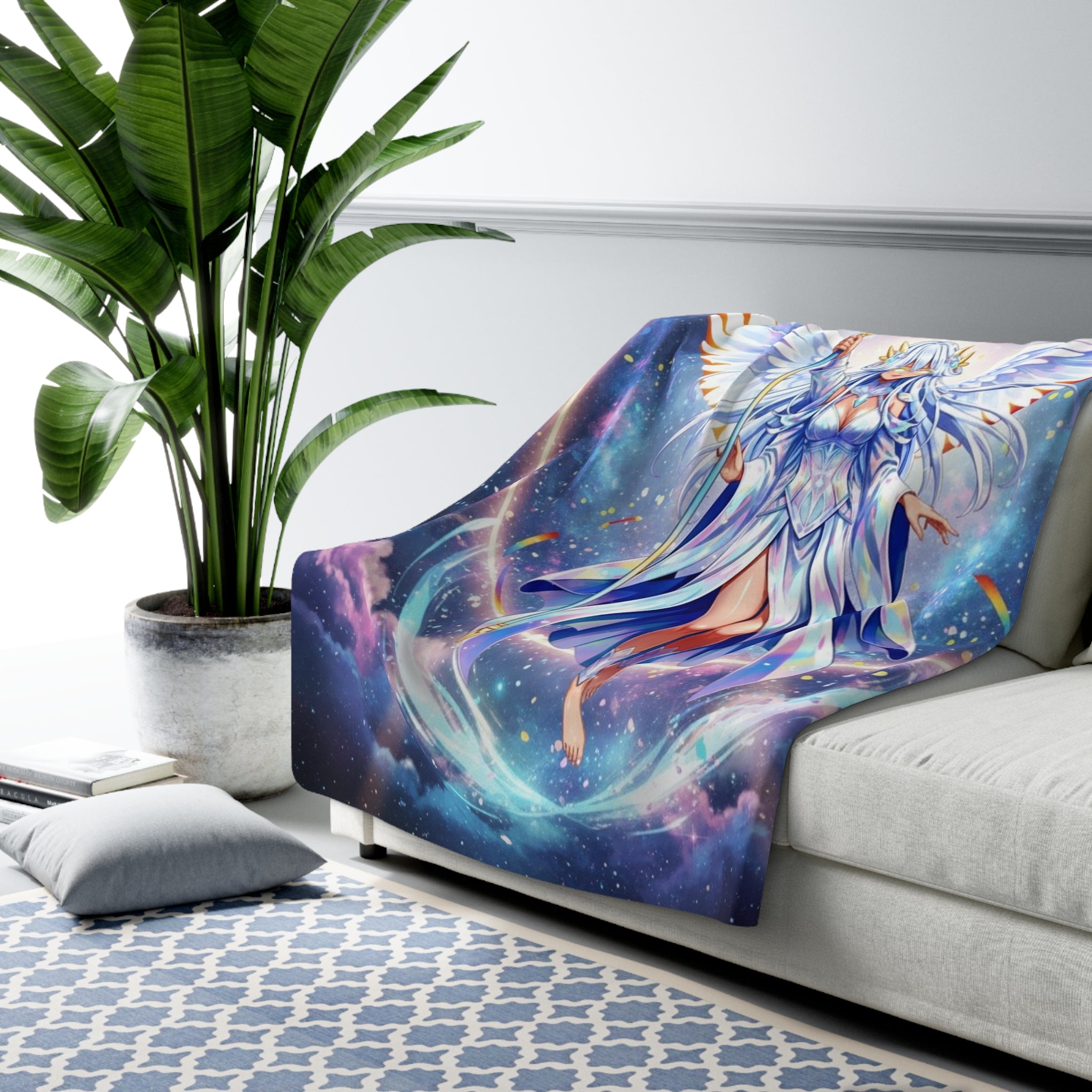 Celestial Angel Anime Sherpa Blanket – Lyria Solara Glow Throw | Soft Fleece Blanket Gift for Anime Lovers and Fantasy Fans