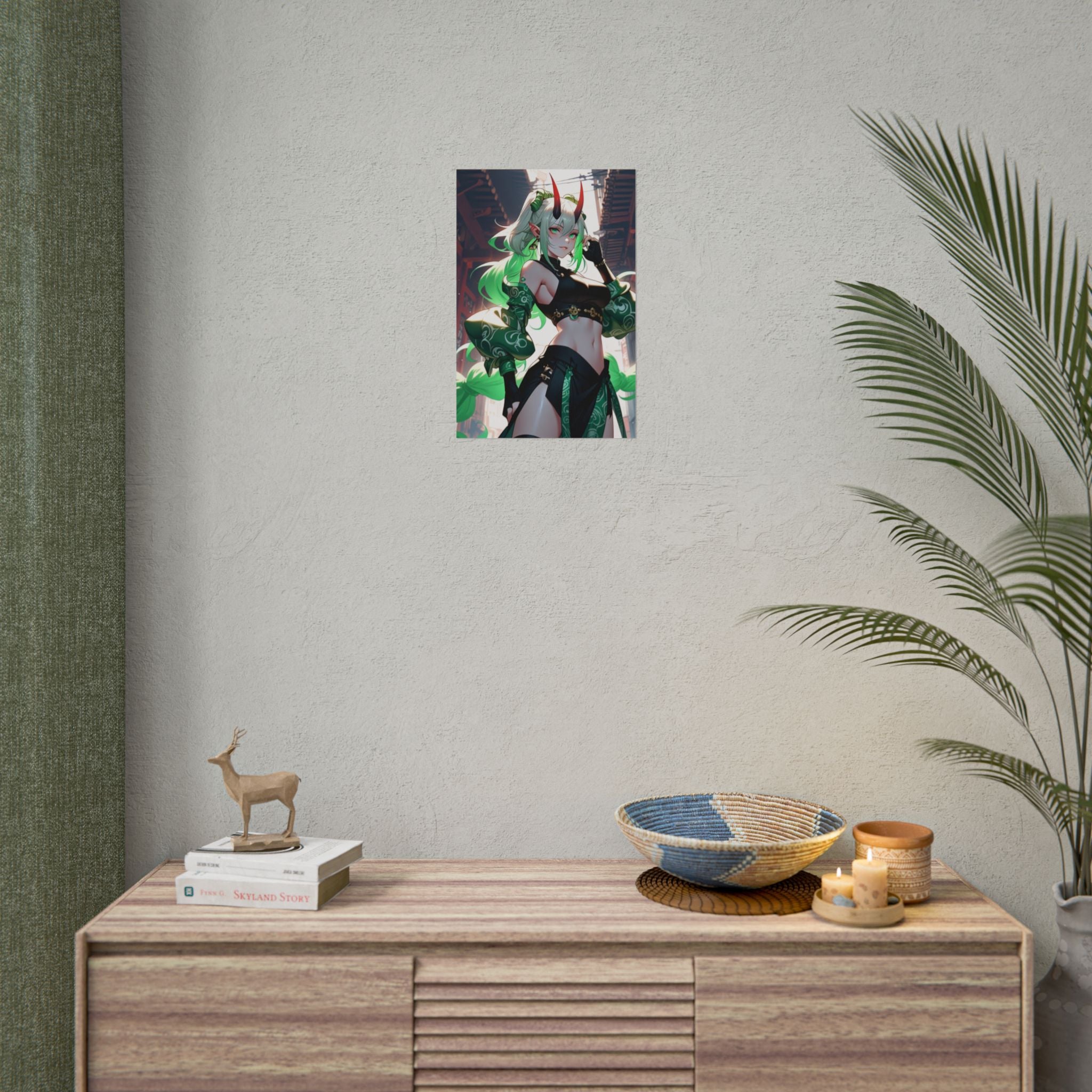 Green Demon Girl Anime Poster – Neon Oni Pin Up Wall Art, Japanese Yokai Fantasy Print, Horned Anime Girl Collector Poster, Horror Aesthetic Decor | Epic Anime Apparel