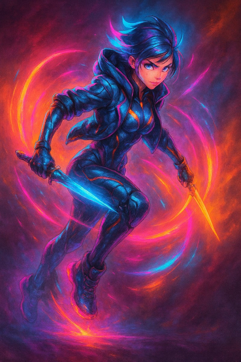 Cyberpunk Neon Warrior Poster Futuristic Anime Wall Art Neon Glow Sci-Fi Print for Gamers and Anime Lovers