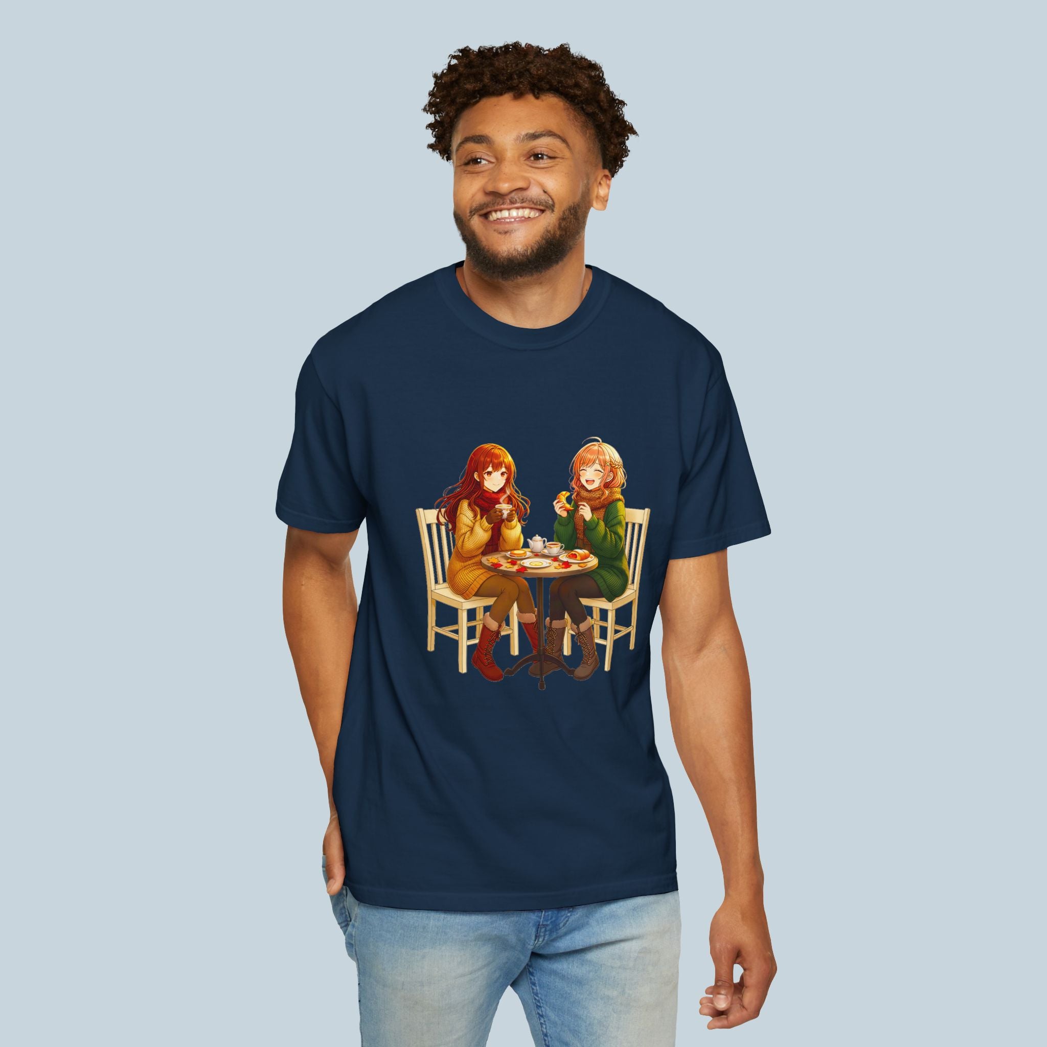 Anime Café Girls T-Shirt Comfort Colors Cute Autumn Friends Shirt Kawaii Manga Style Gift for Anime Lovers and Foodies