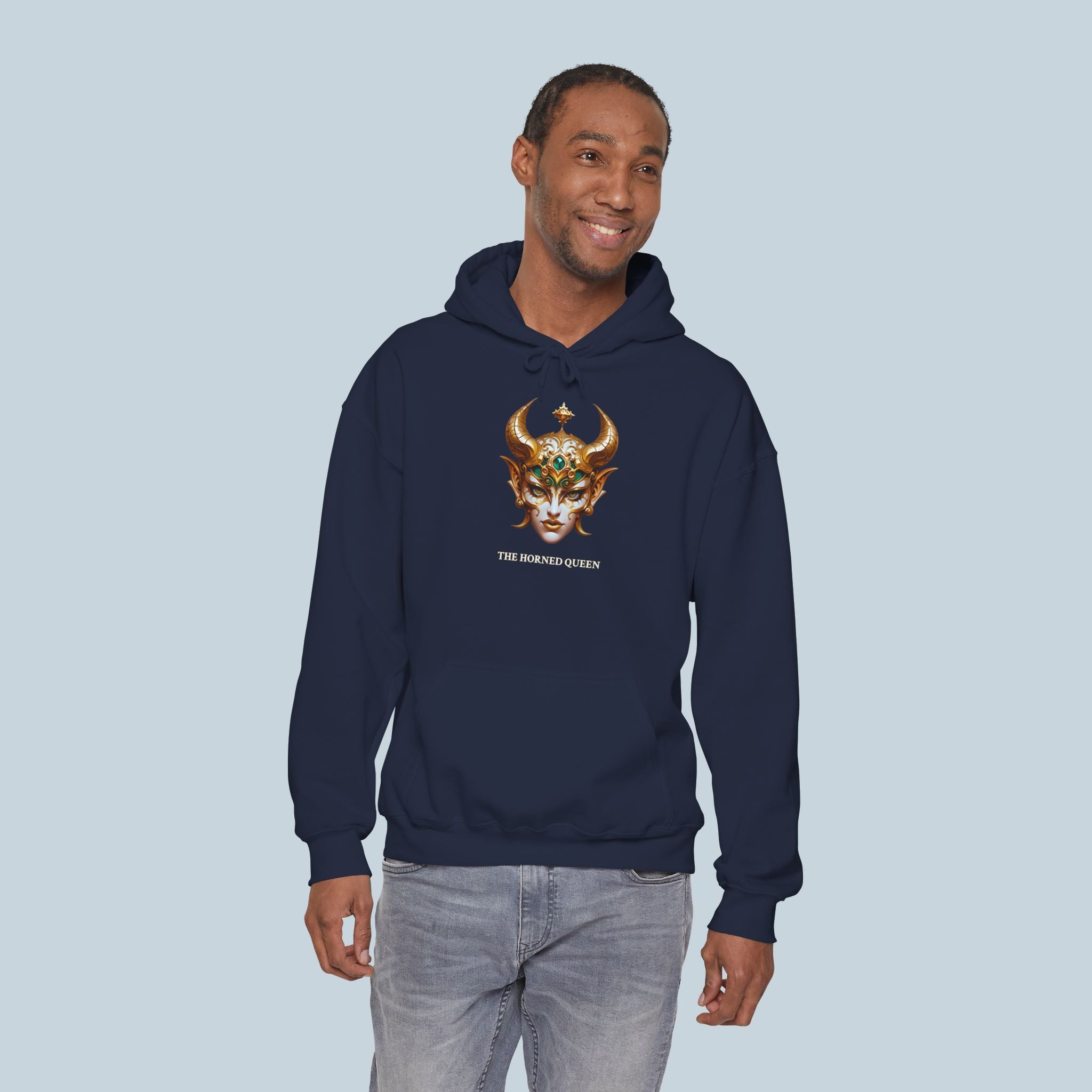 The Horned Queen Hoodie – Dark Fantasy Anime Streetwear with Gold Mask Design | Epic Anime Apparel