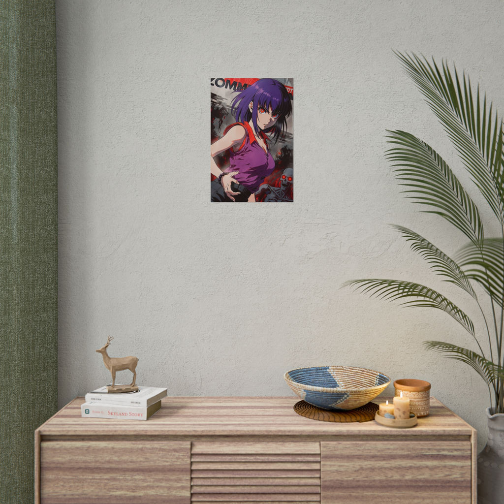 Purple-Haired Zombie Hunter Anime Poster – Horror Pin-Up Wall Art, Retro Apocalypse Action Print, Zomba Squad Decor