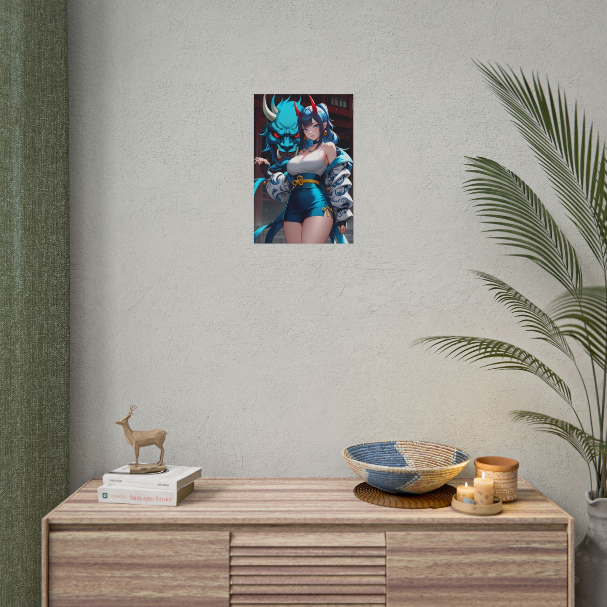 Blue Oni Demon Girl Anime Poster – Japanese Yokai Guardian Wall Art, Cyber Streetwear Fantasy Print, Anime Shrine Aesthetic Collector Poster | Epic Anime Apparel