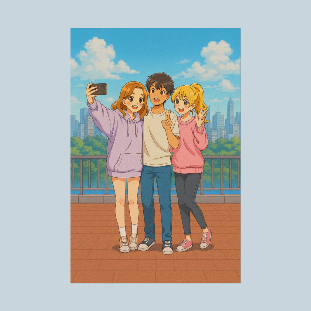 Anime Friends City Poster Cute Hoodie Selfie Wall Art for Fans