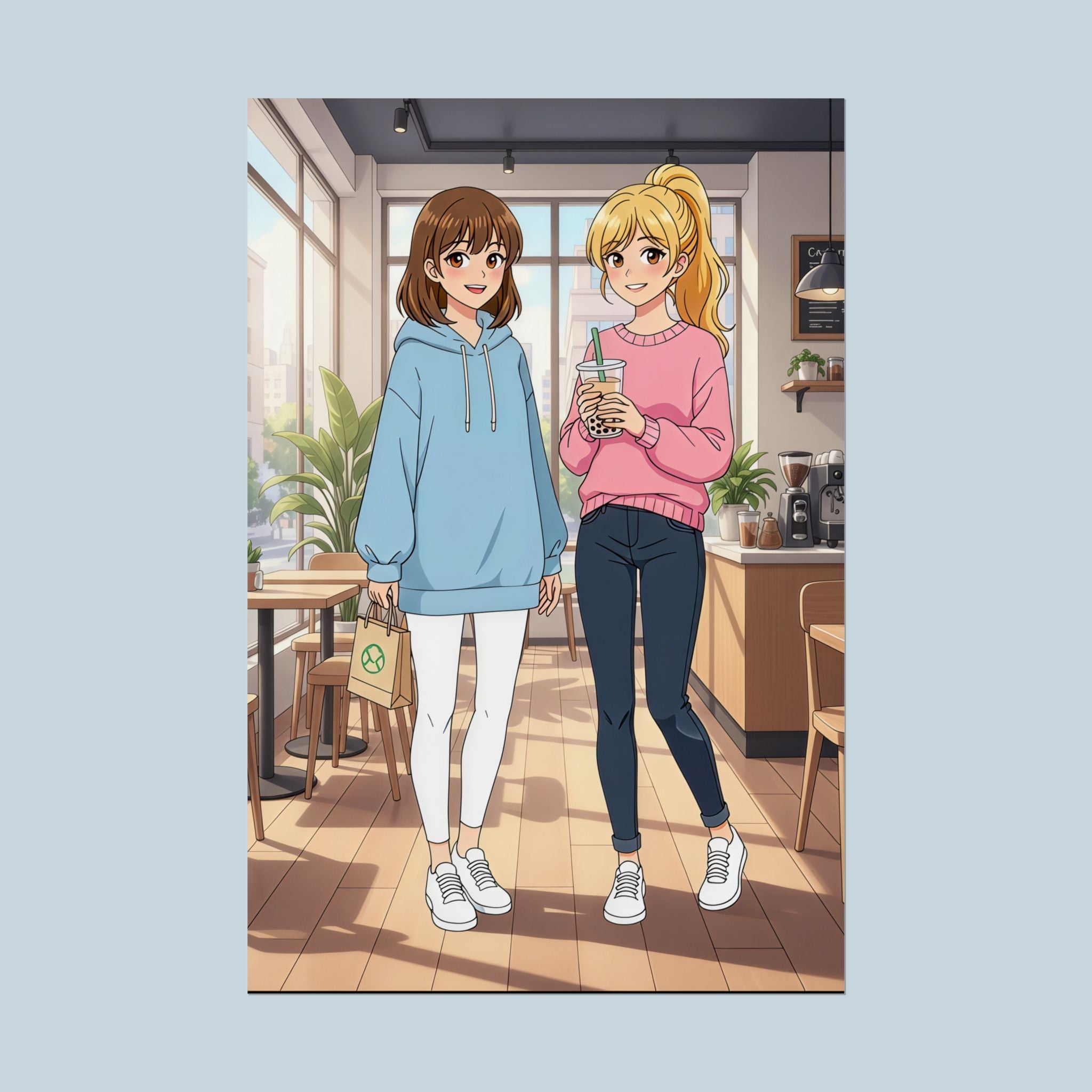 Anime Boba Girls Poster Cozy Slice of Life Wall Art for Bedroom or Anime Cafe Decor
