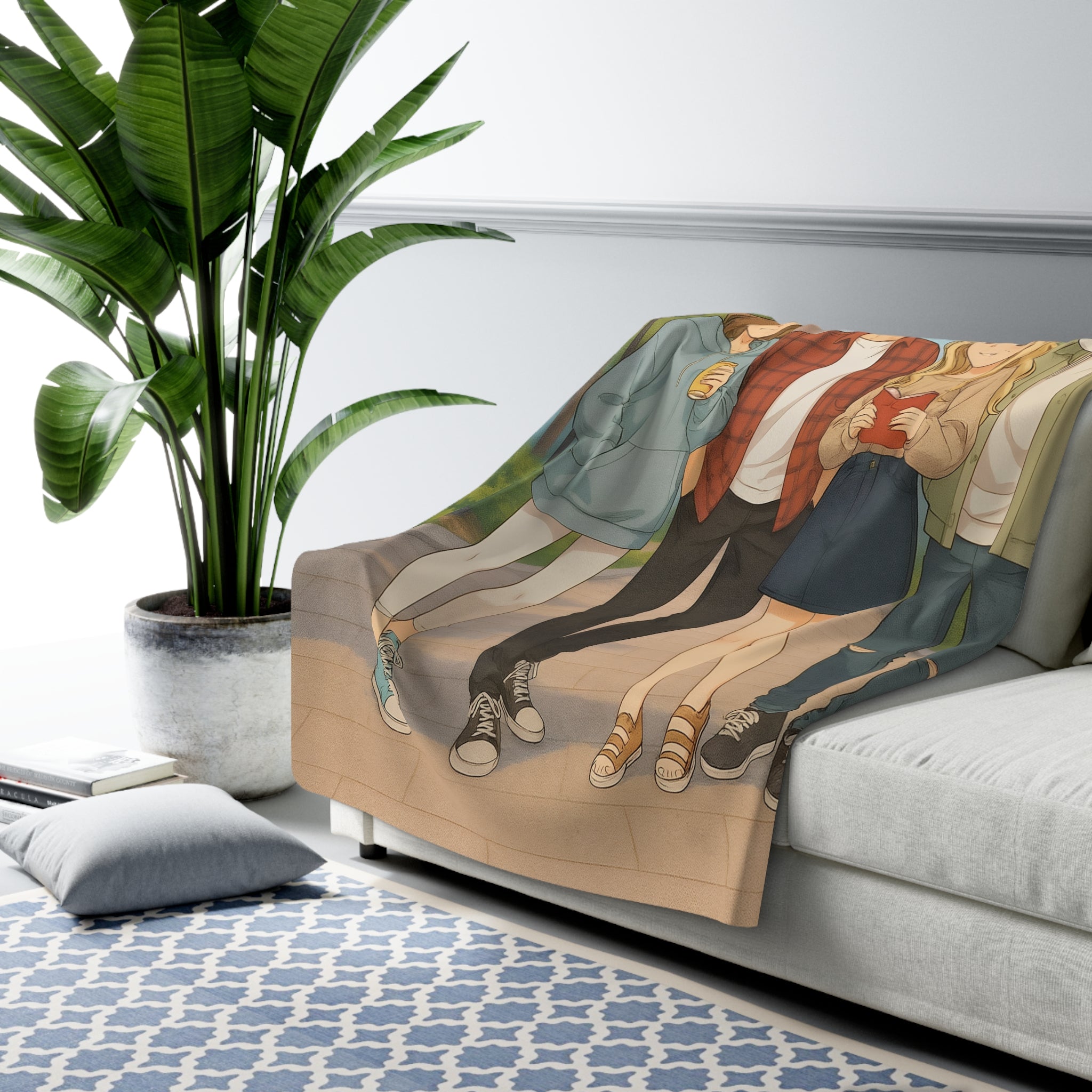 Anime Sherpa Blanket Cozy Friends on Campus Soft Japanese Throw for Anime Lovers and Dorm Rooms
