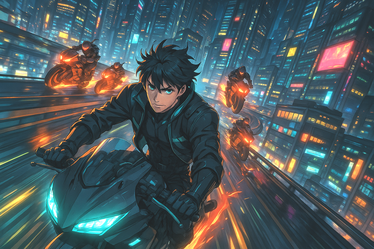 Cyberpunk Anime Wall Art Futuristic Motorcycle Chase in Neon City