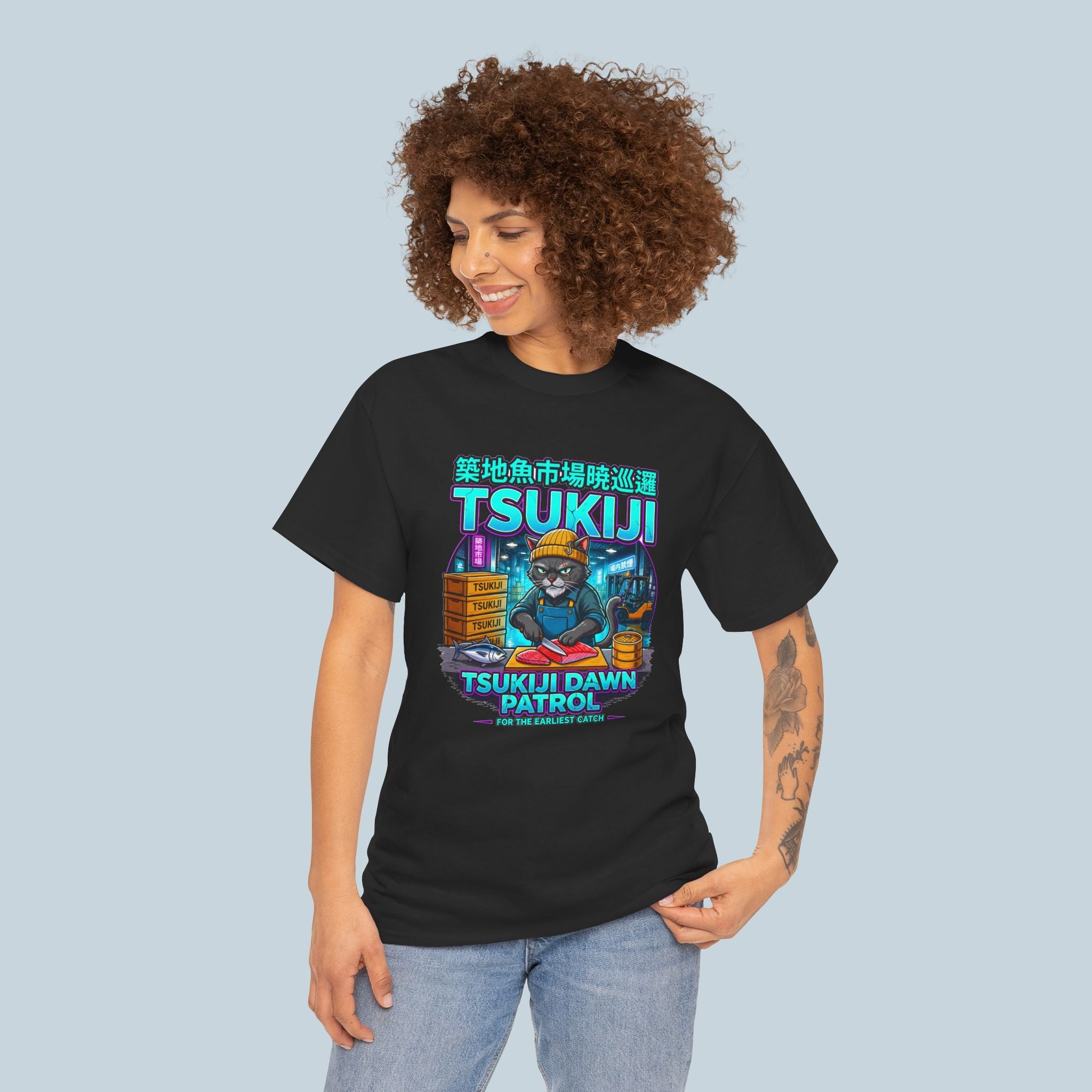 Tsukiji Dawn Patrol T Shirt Anime Cat Shirt Japanese Streetwear Neon Sushi Market Graphic Tee