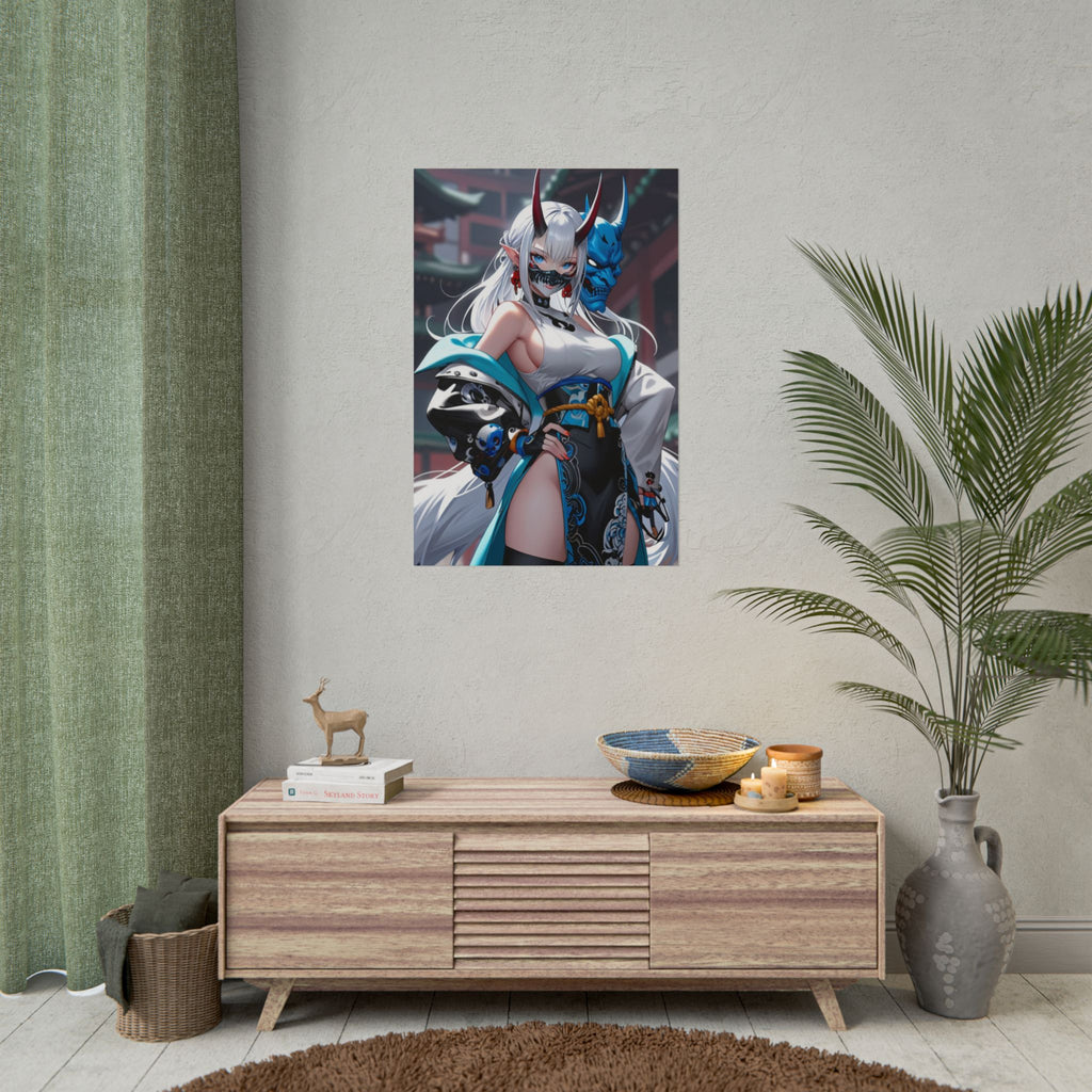 Oni Mask Anime Poster – Cyber Demon Girl Wall Art, Japanese Yokai Streetwear Aesthetic Print, Blue Oni Mask Fantasy Artwork, Collector Poster | Epic Anime Apparel
