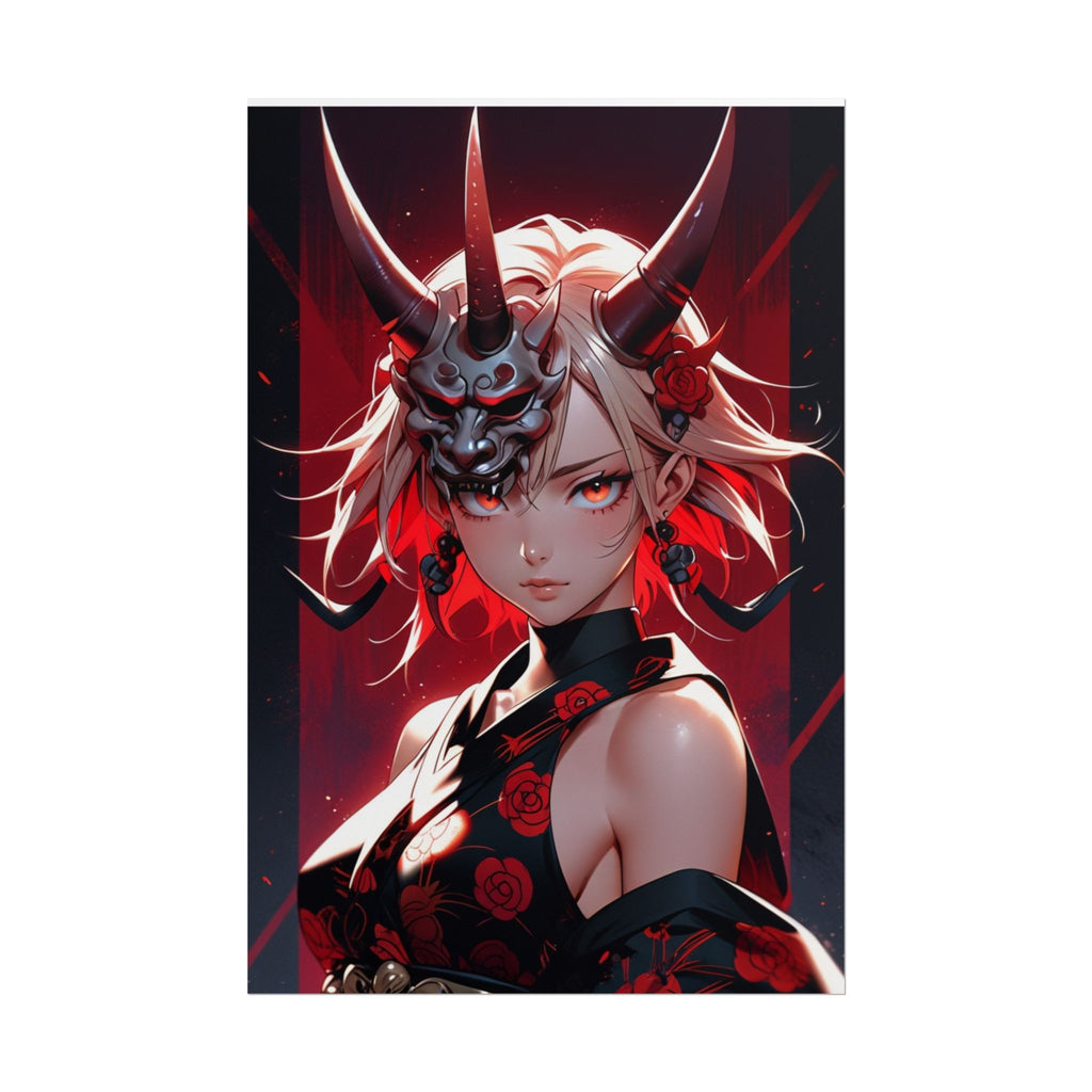 Oni Mask Anime Poster - Demon Girl Horror Wall Art - Red Rose Gothic Anime Print - Japanese Oni Girl Decor - Dark Fantasy Pin Up Poster - Epic Anime Apparel
