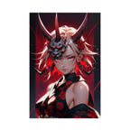 Oni Mask Anime Poster - Demon Girl Horror Wall Art - Red Rose Gothic Anime Print - Japanese Oni Girl Decor - Dark Fantasy Pin Up Poster - Epic Anime Apparel