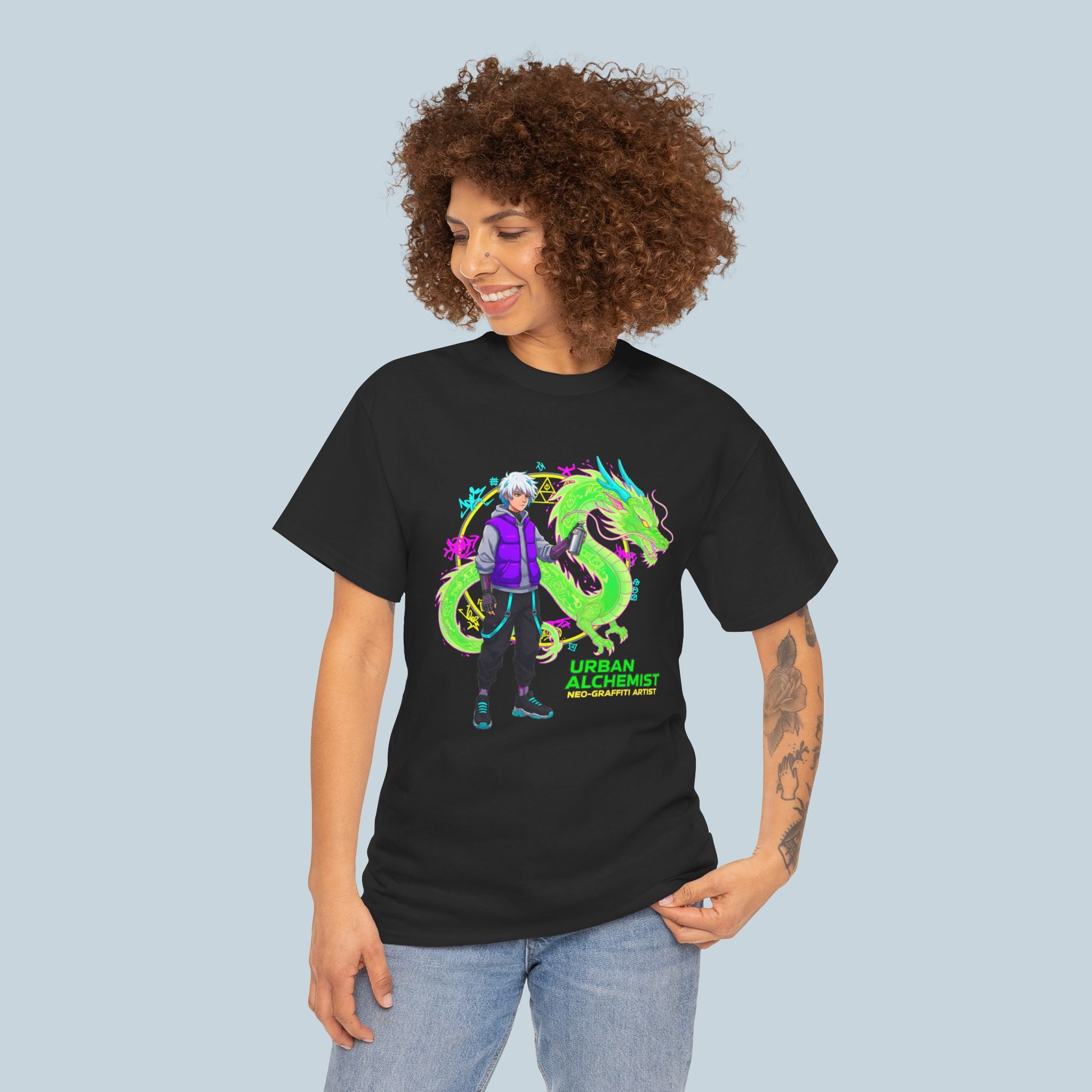 Urban Alchemist Anime T Shirt Dragon Graffiti Streetwear Graphic Tee Cyberpunk Fantasy Gamer Shirt Unisex