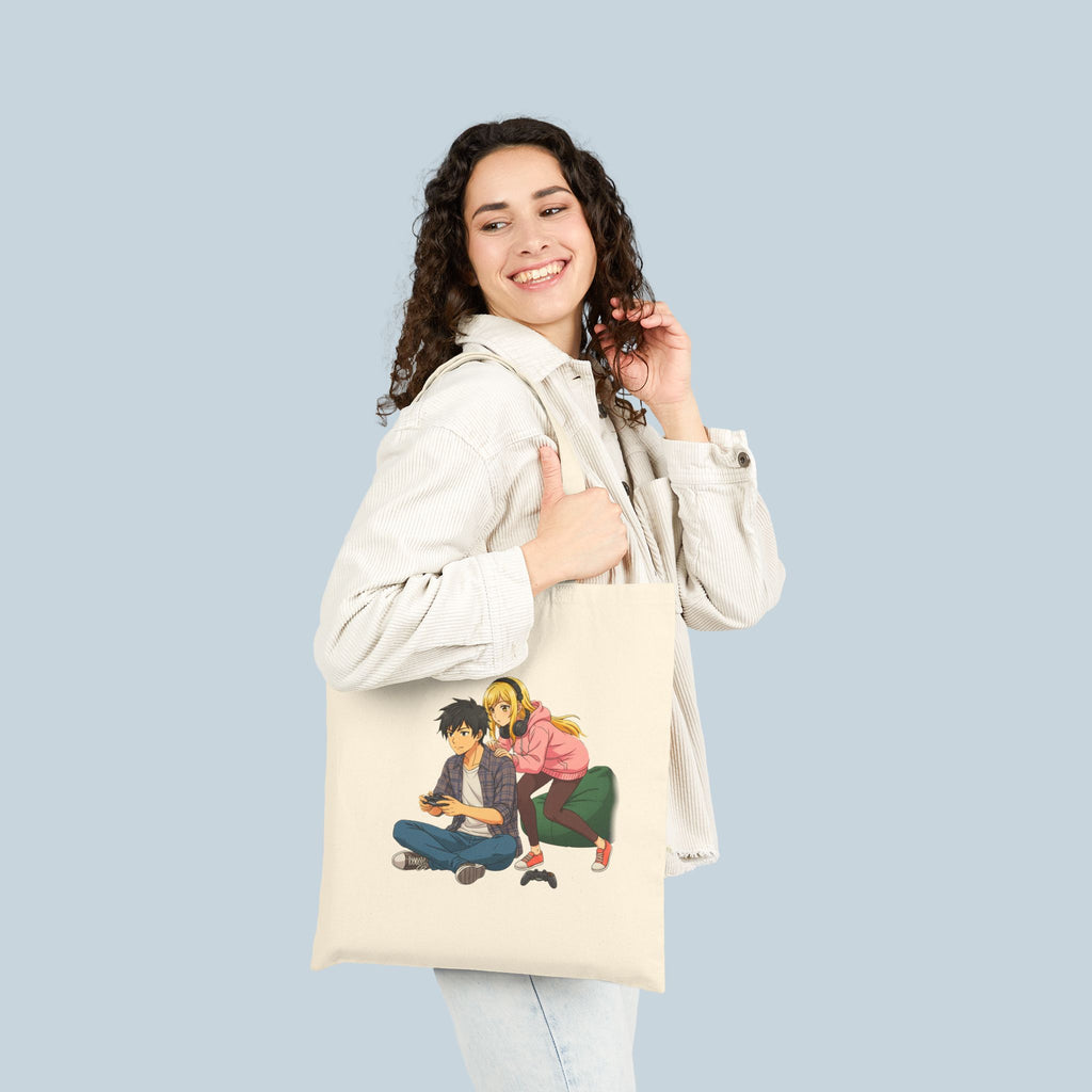 Anime Couple Tote Bag — Cute Gamer Girl & Boy Cotton Canvas Shopper