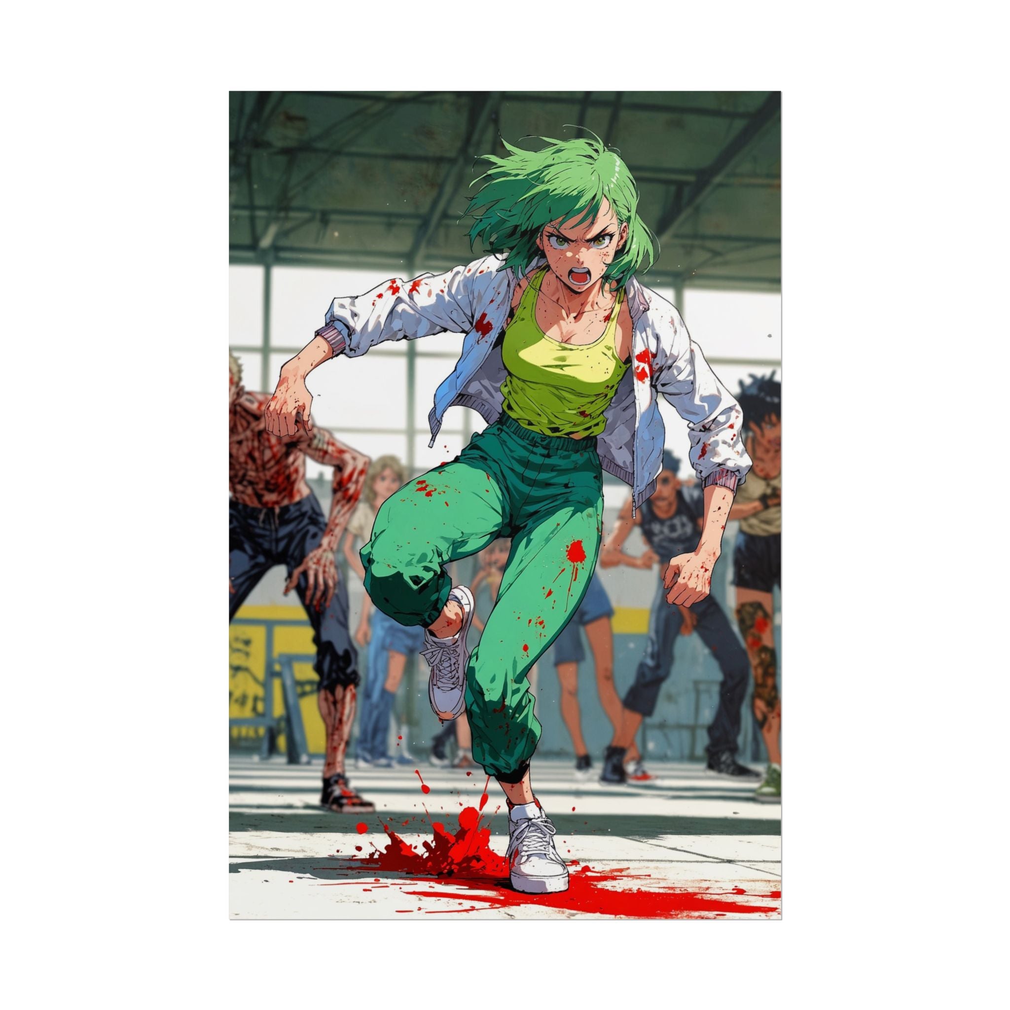 Zombie Outbreak Escape Anime Poster – Green-Haired Survivor Horror Wall Art, Zomba Squad Action Apocalypse Print