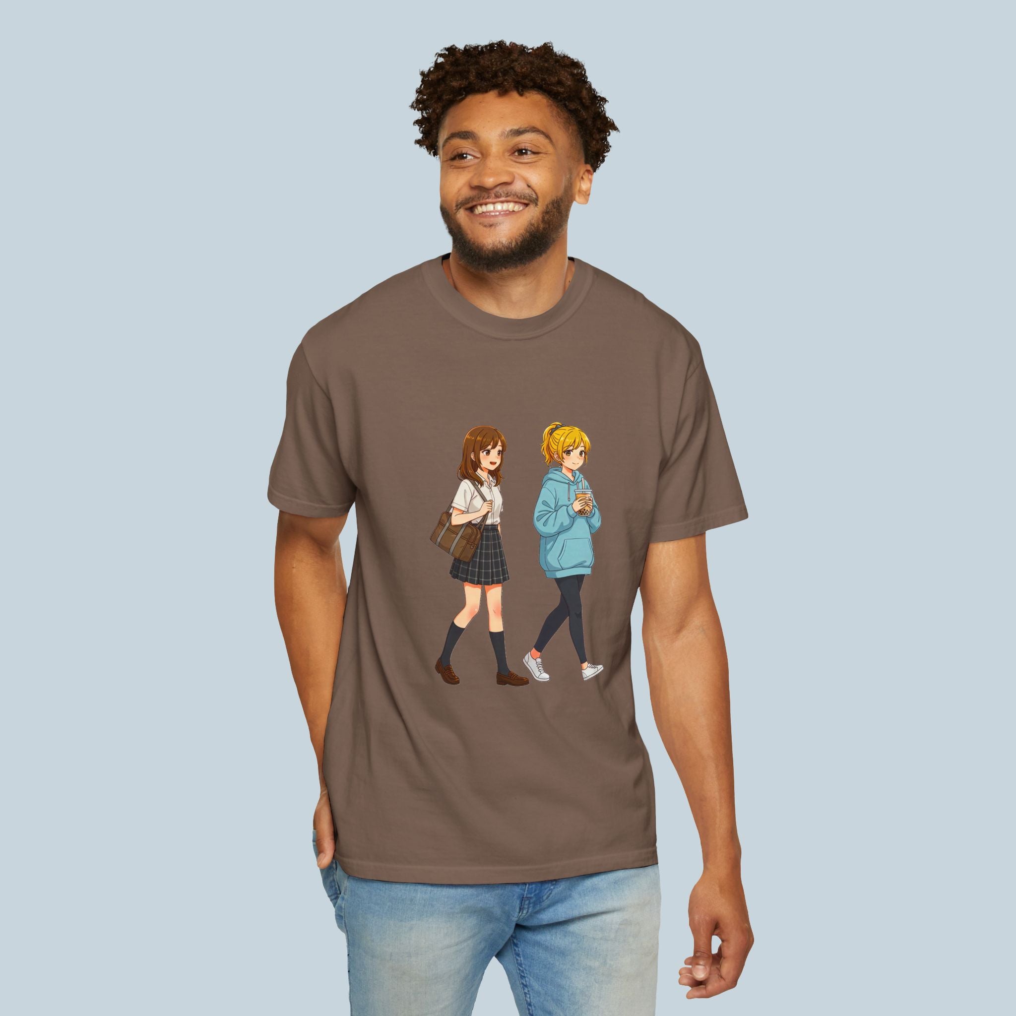 Anime School Friends T-Shirt — Cute Walking Duo Graphic Tee