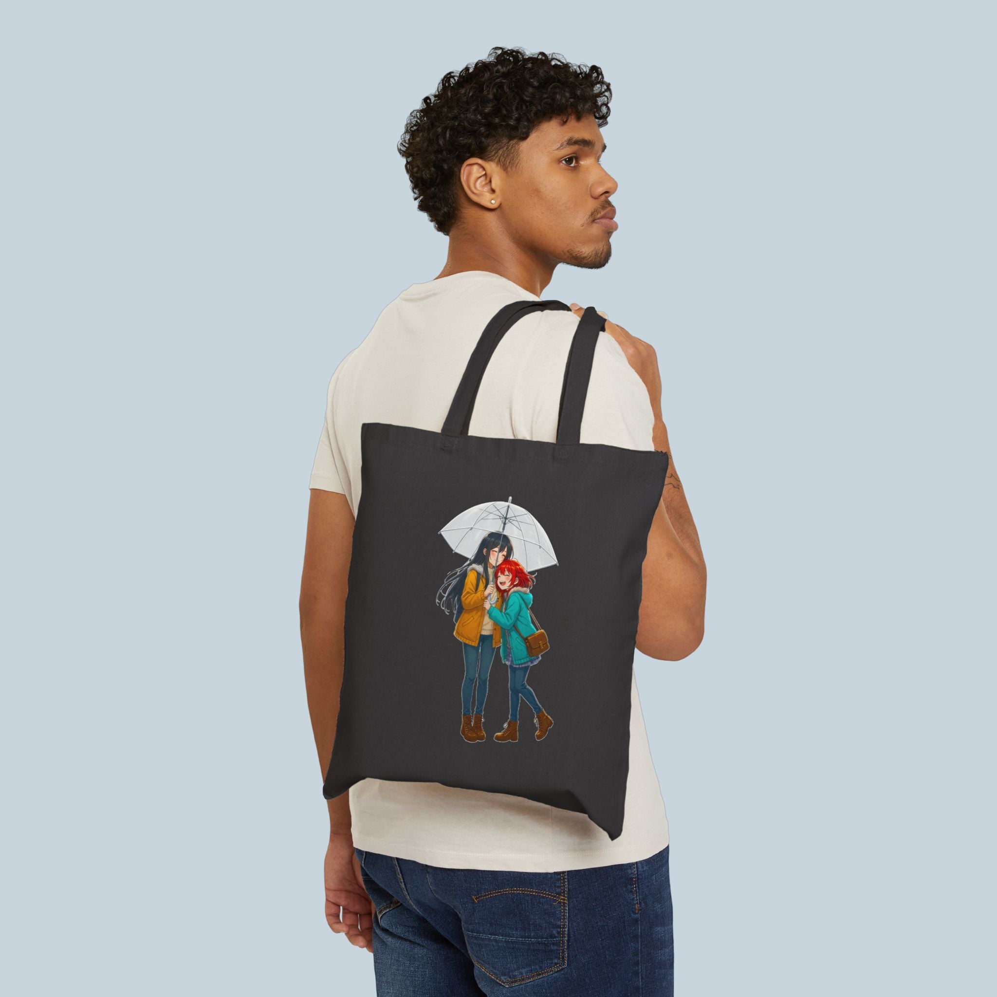 Anime Tote Bag Cute Couple in Rain Cozy Aesthetic Canvas Gift for Anime Fans
