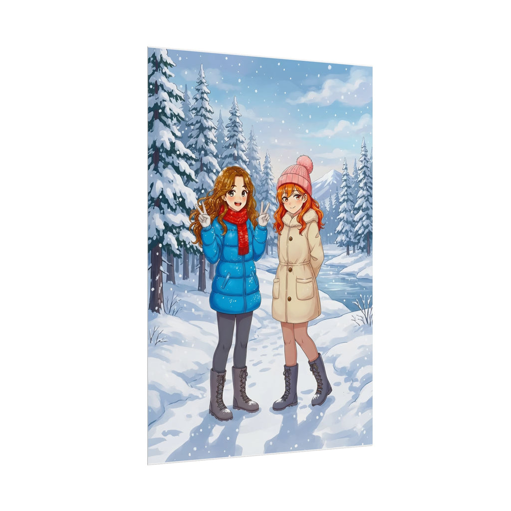 Anime Winter Girls Poster Cozy Snow Scene Wall Art Cute Seasonal Print for Anime Lovers and Fans