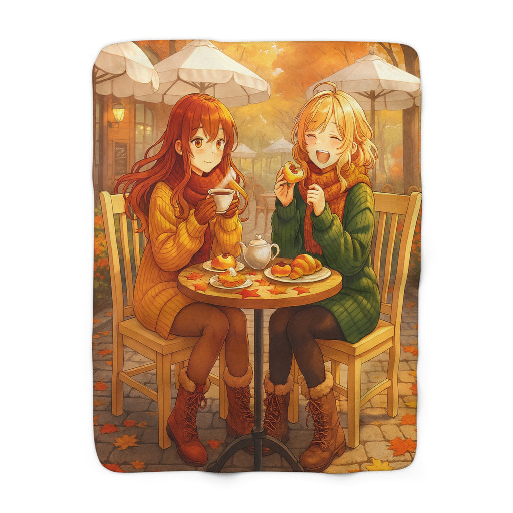 Autumn Café Sherpa Blanket Cozy Anime Fall Decor Warm Fleece Gift for Anime Lovers
