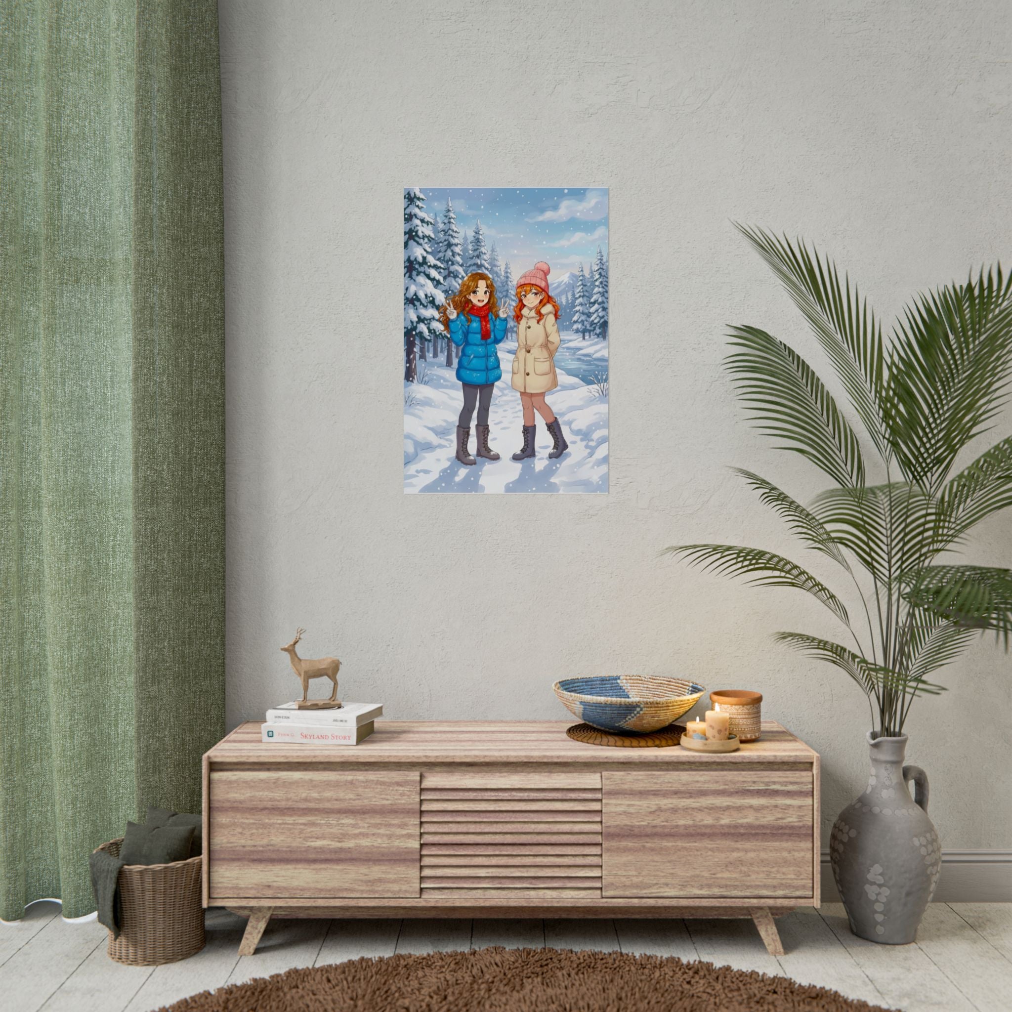 Anime Winter Girls Poster Cozy Snow Scene Wall Art Cute Seasonal Print for Anime Lovers and Fans