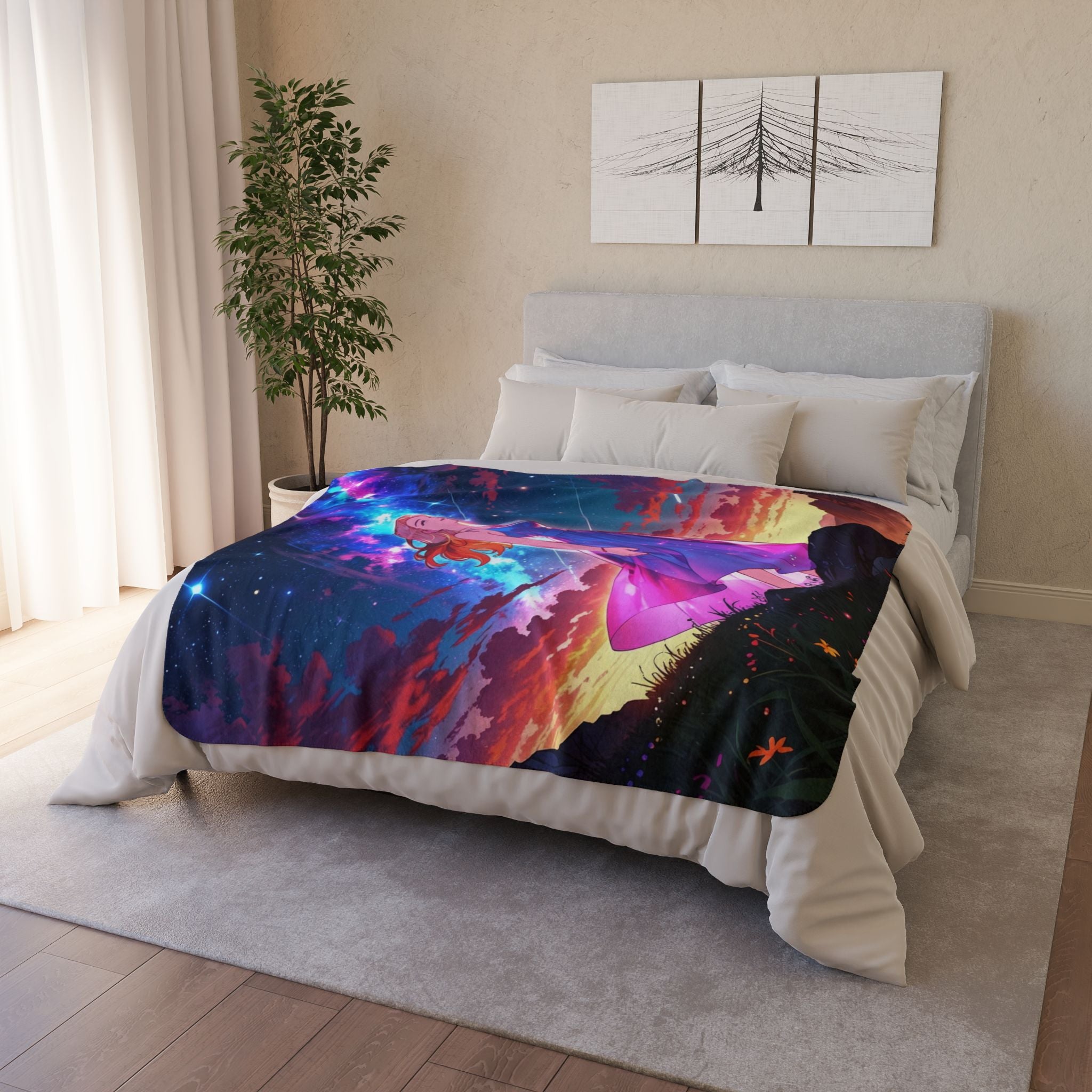 Celestial Dreamer Anime Sherpa Blanket – Starry Night Fantasy Girl Fleece Throw