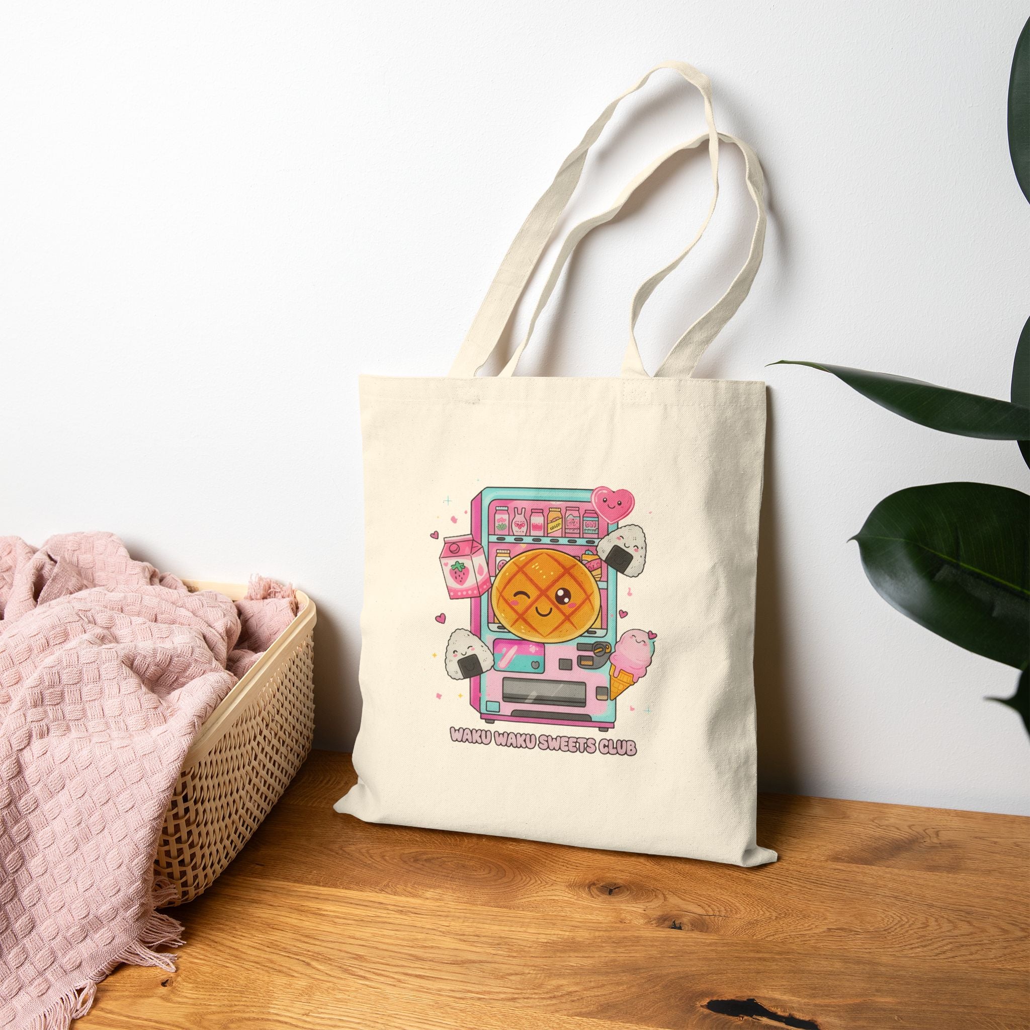 Kawaii Vending Machine Cotton Canvas Tote — "Waku Waku Sweets Club"