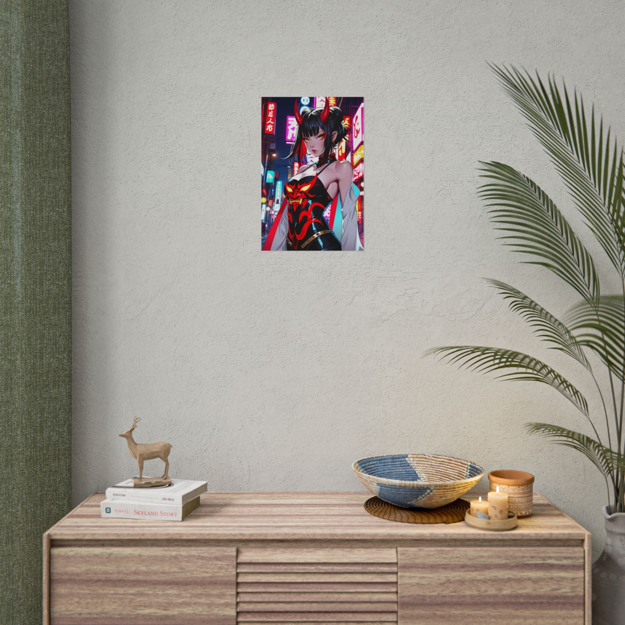 Neon Oni Demon Girl Anime Poster – Cyberpunk Horror Pin Up Wall Art