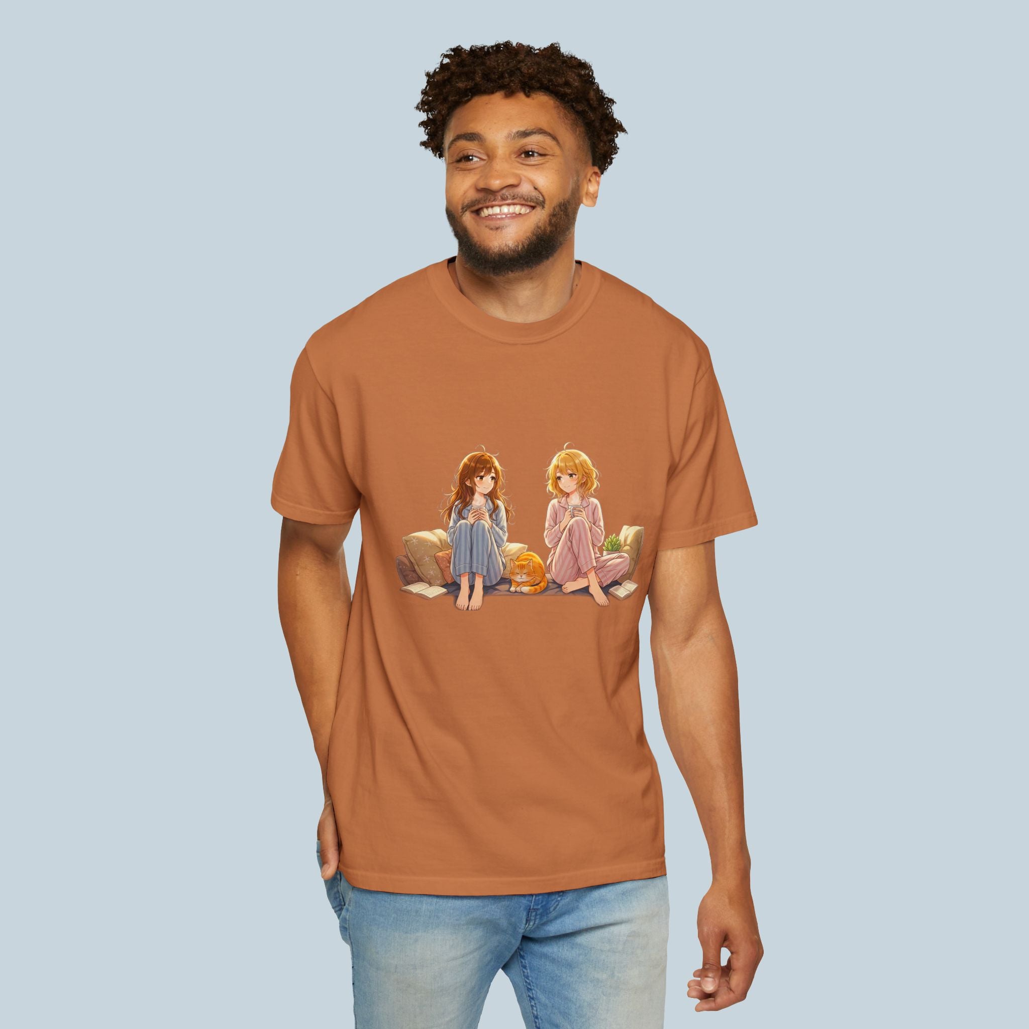 Cozy Anime Girl T-Shirt Cute Pajama Manga Style with Cat  Relaxed Fit Gift for Anime Lovers