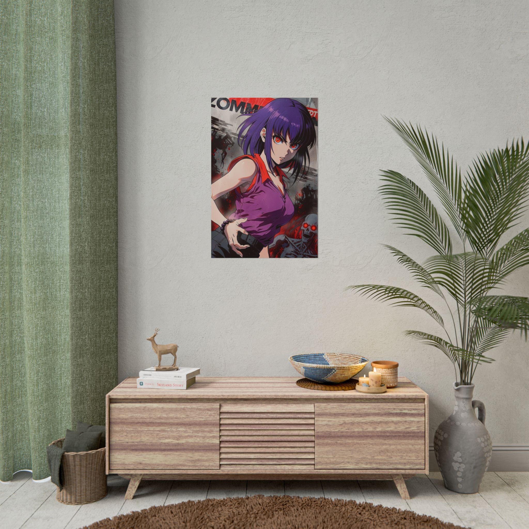 Purple-Haired Zombie Hunter Anime Poster – Horror Pin-Up Wall Art, Retro Apocalypse Action Print, Zomba Squad Decor