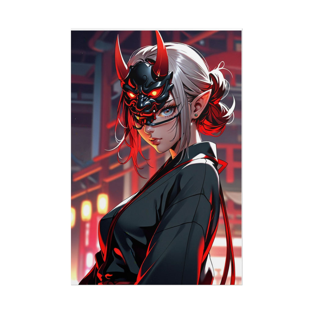 Oni Mask Demon Girl Poster – Cyberpunk Anime Wall Art Print, Japanese Horror Decor, Sexy Pin Up Manga Demon Poster
