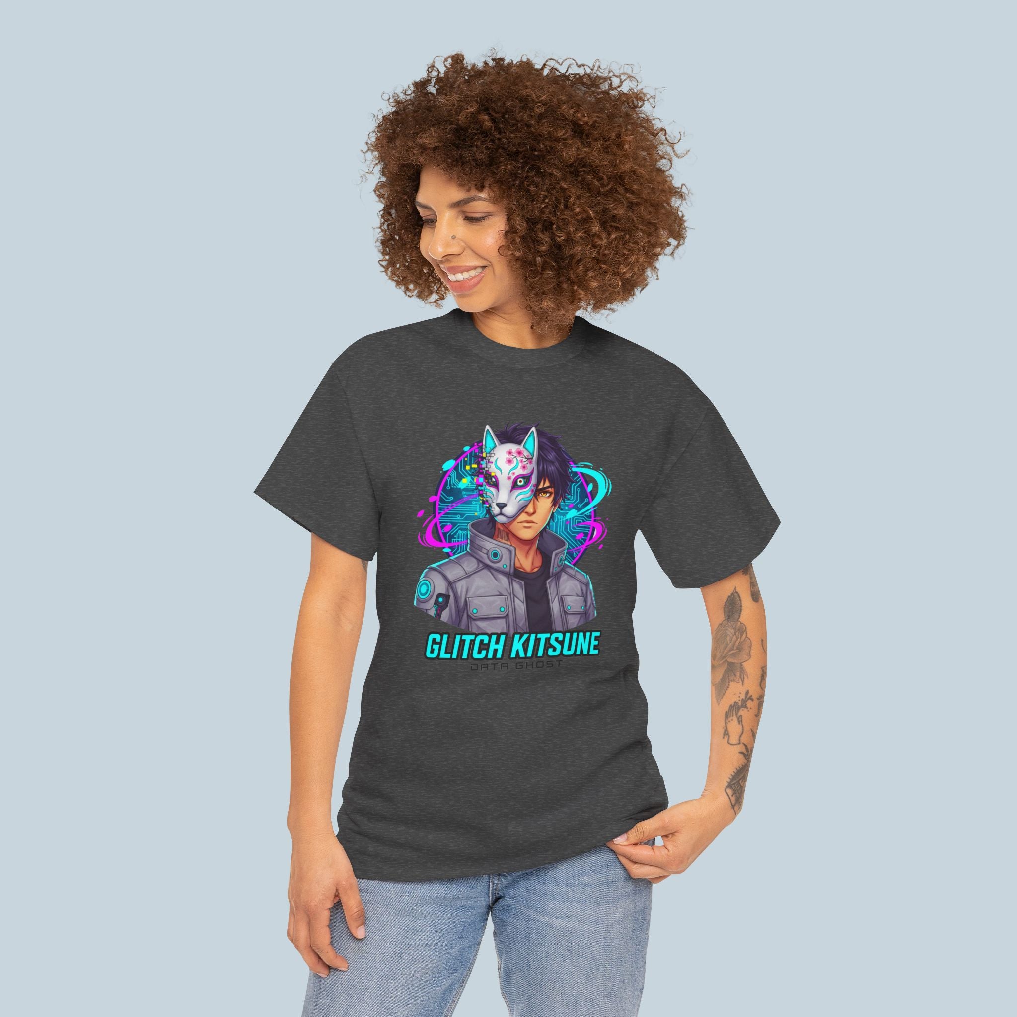 Glitch Kitsune Anime T Shirt Cyberpunk Fox Mask Neon Streetwear Tee