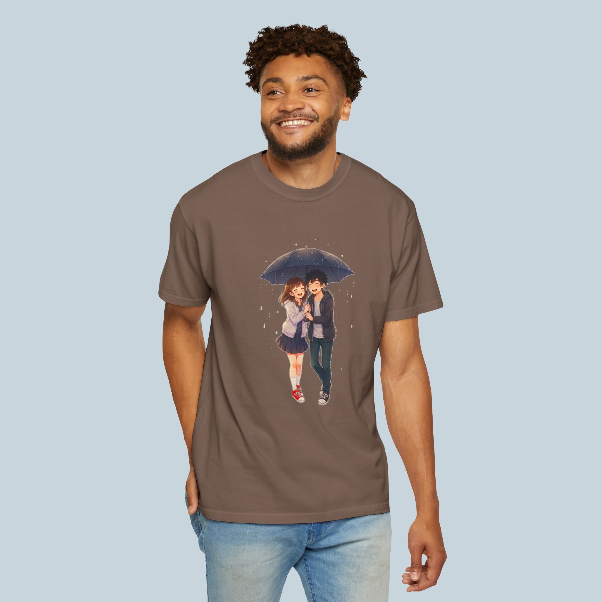 Anime Couple Under Umbrella T-Shirt Cute Romantic Japan Streetwear Comfort Colors Tee Gift for Anime Fans
