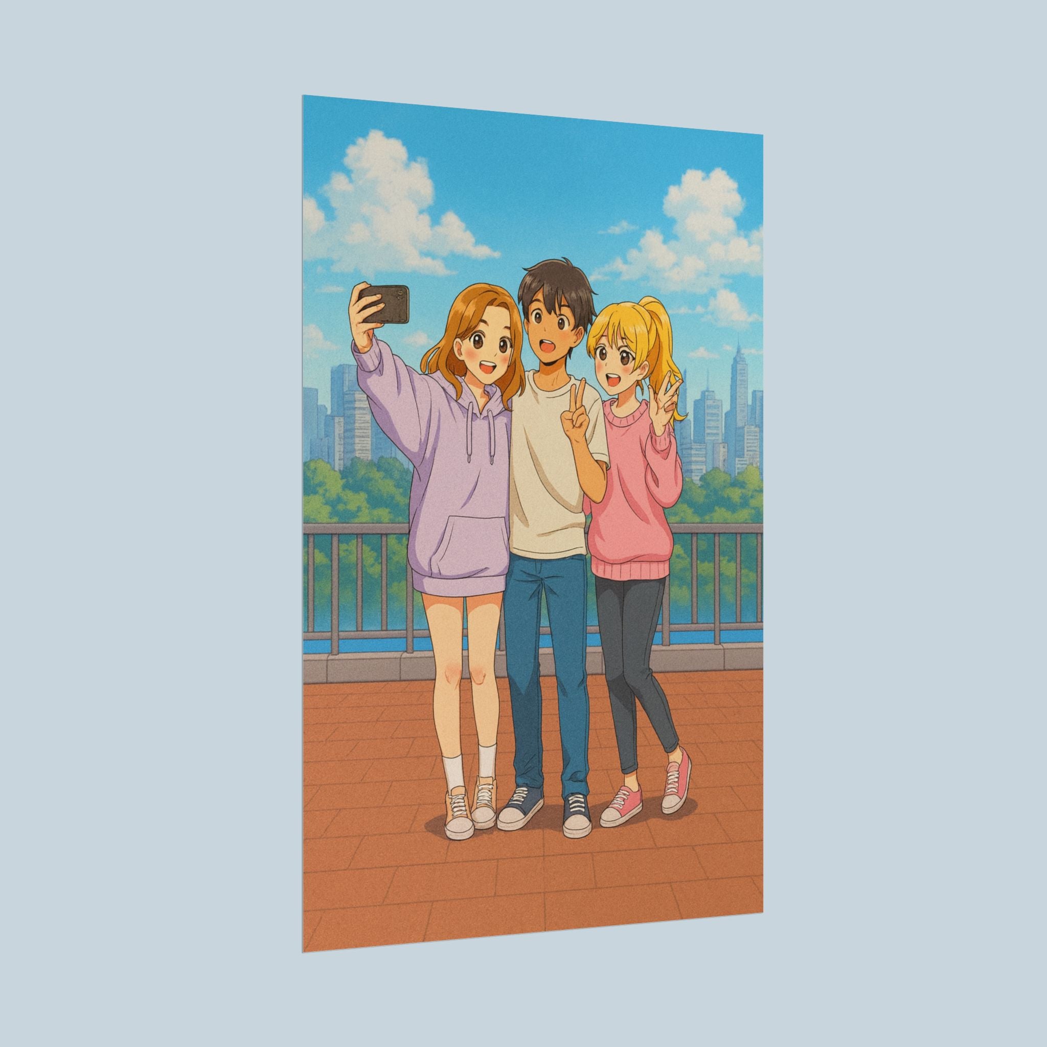 Anime Friends City Poster Cute Hoodie Selfie Wall Art for Fans