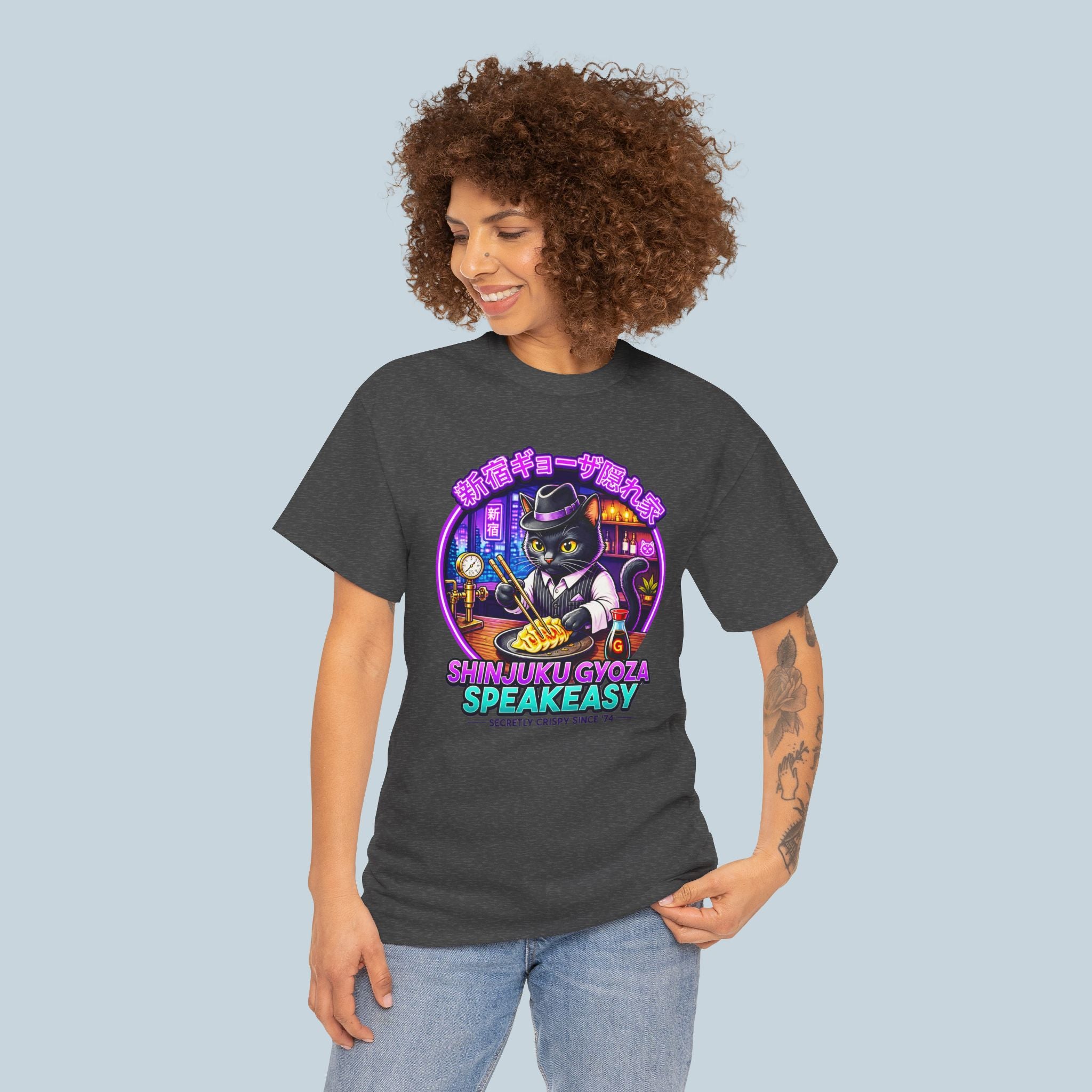 Shinjuku Gyoza Speakeasy T Shirt Neon Anime Cat Shirt Japanese Streetwear Cyberpunk Foodie Graphic Tee