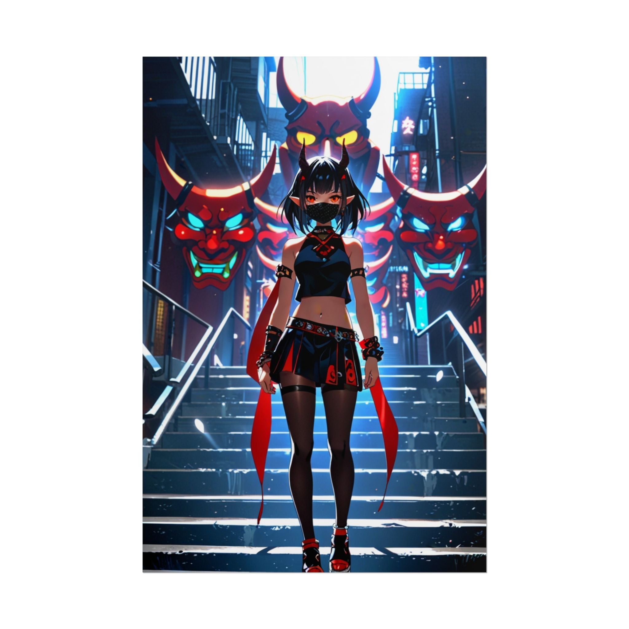 Queen of the Oni Masks Anime Poster - Horror Demon Girl Wall Art - Japanese Oni Mask Print - Dark Fantasy Anime Decor - Neon Cyberpunk Oni Girl Poster - Epic Anime Apparel