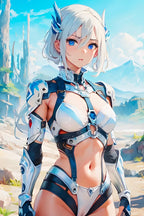 Sci Fi Anime Girl Poster White Hair Futuristic Warrior Wall Art Sexy Battle Suit Print for Anime Lovers and Gamers