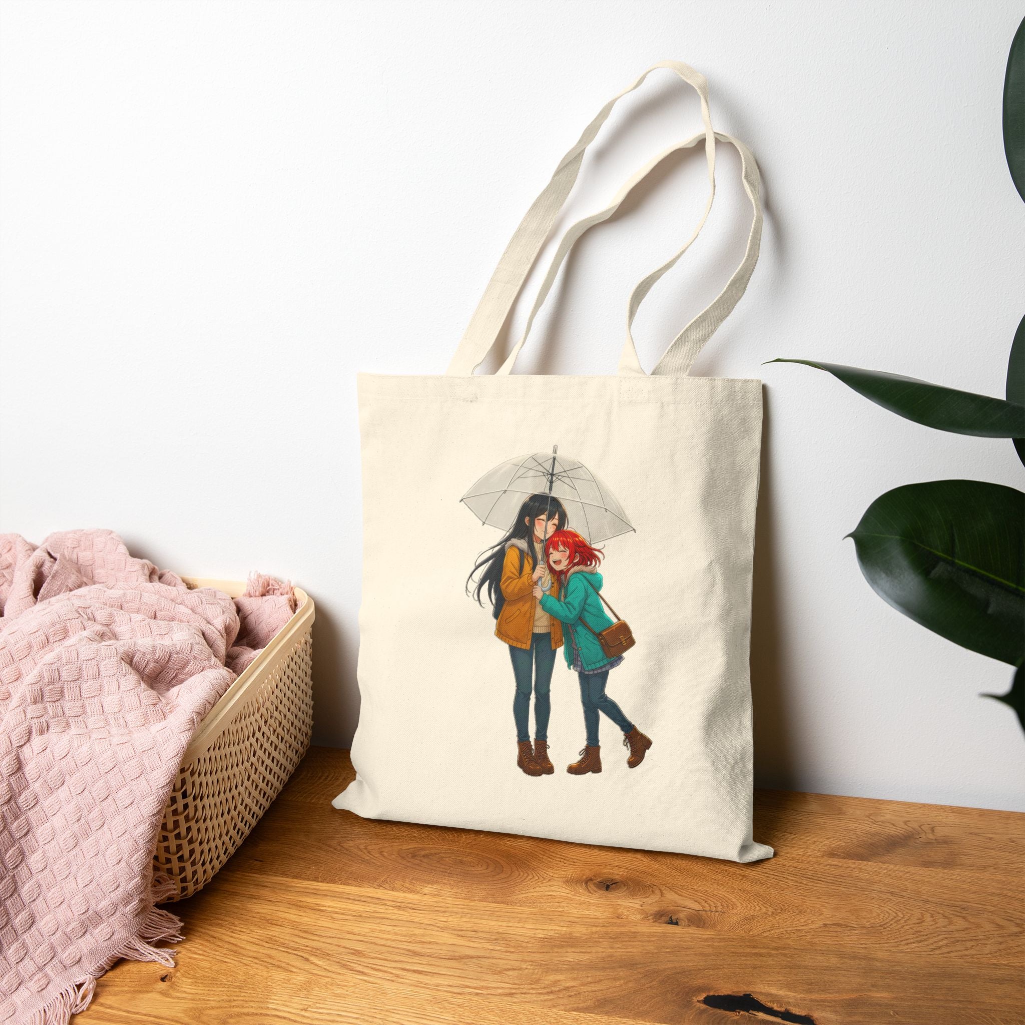 Anime Tote Bag Cute Couple in Rain Cozy Aesthetic Canvas Gift for Anime Fans