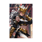 Golden Oni Mask Anime Poster – Horned Demon Girl Wall Art, Japanese Skull Armor Fantasy Print, Dark Pin Up Villain Artwork, Collector Poster | Epic Anime Apparel