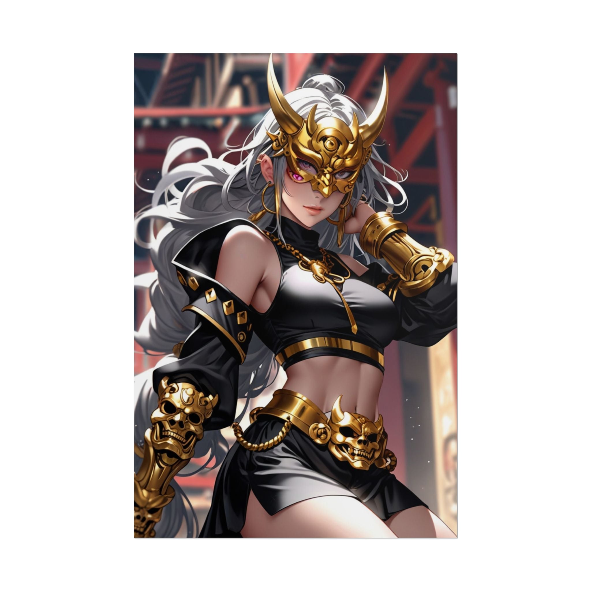 Golden Oni Mask Anime Poster – Horned Demon Girl Wall Art, Japanese Skull Armor Fantasy Print, Dark Pin Up Villain Artwork, Collector Poster | Epic Anime Apparel