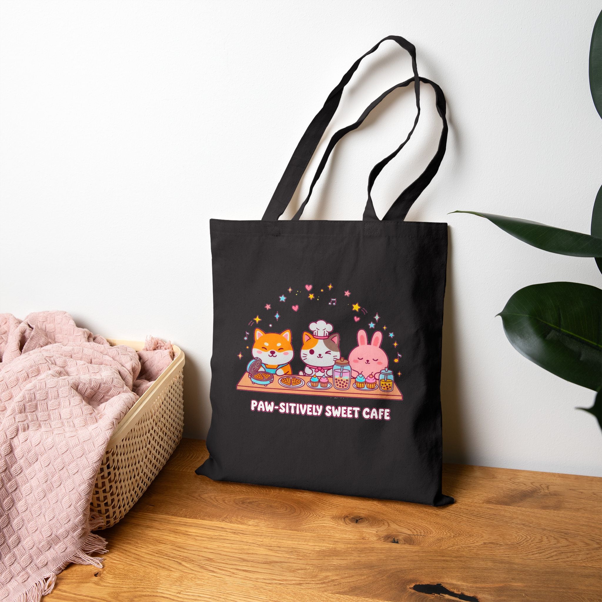 Kawaii Picnic Cute Characters Cotton Canvas Tote — Cat, Cake Friend & Bunny Design