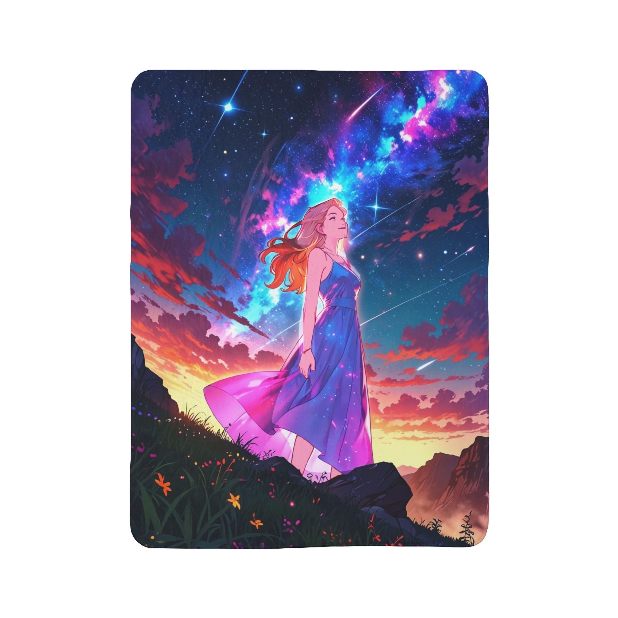 Celestial Dreamer Anime Sherpa Blanket – Starry Night Fantasy Girl Fleece Throw