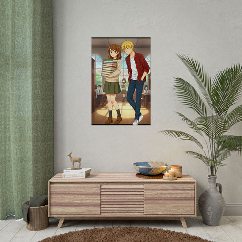 Anime Library Poster Cute School Romance Wall Art Cozy Fall Scene for Anime Lovers and Students