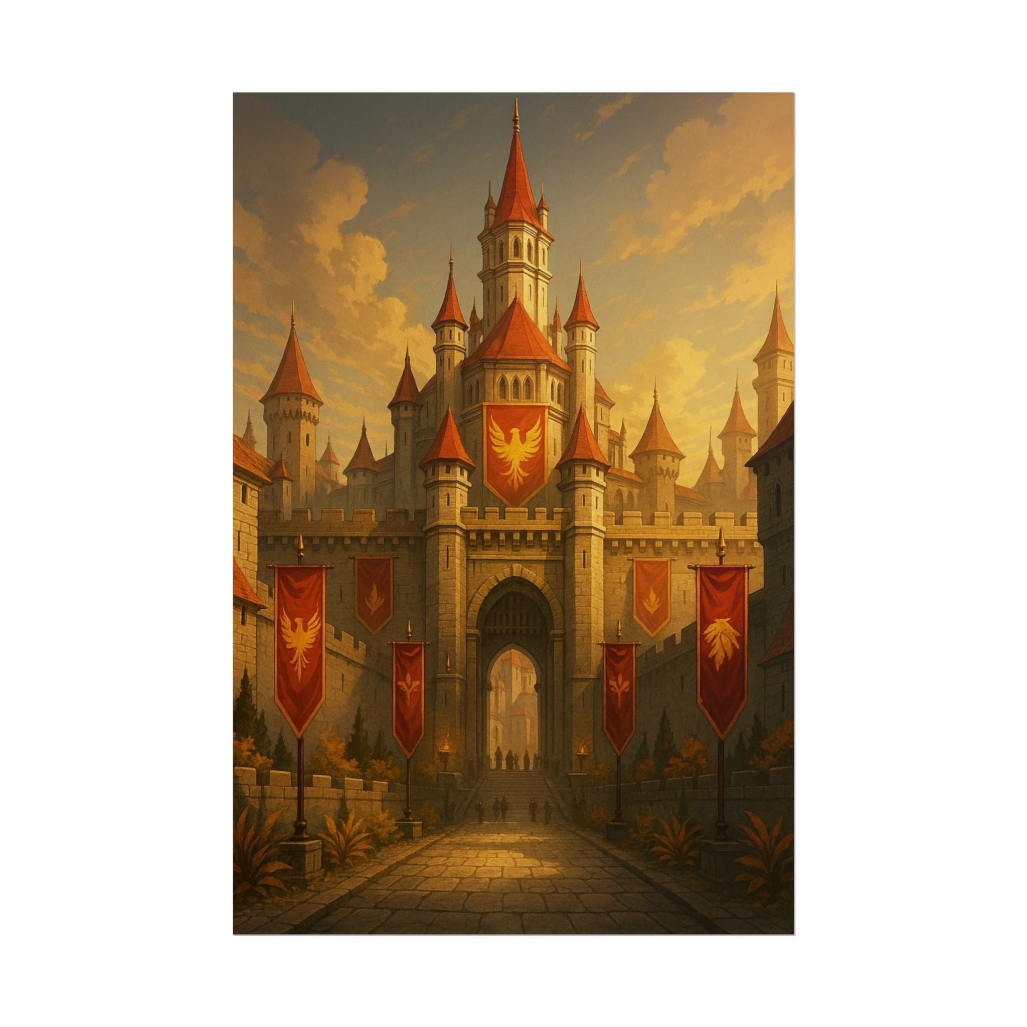Castle Aurelle Poster Fantasy Castle Wall Art Medieval Kingdom Aesthetic Golden Light Decor Anime Inspired Gift for Fantasy Lovers