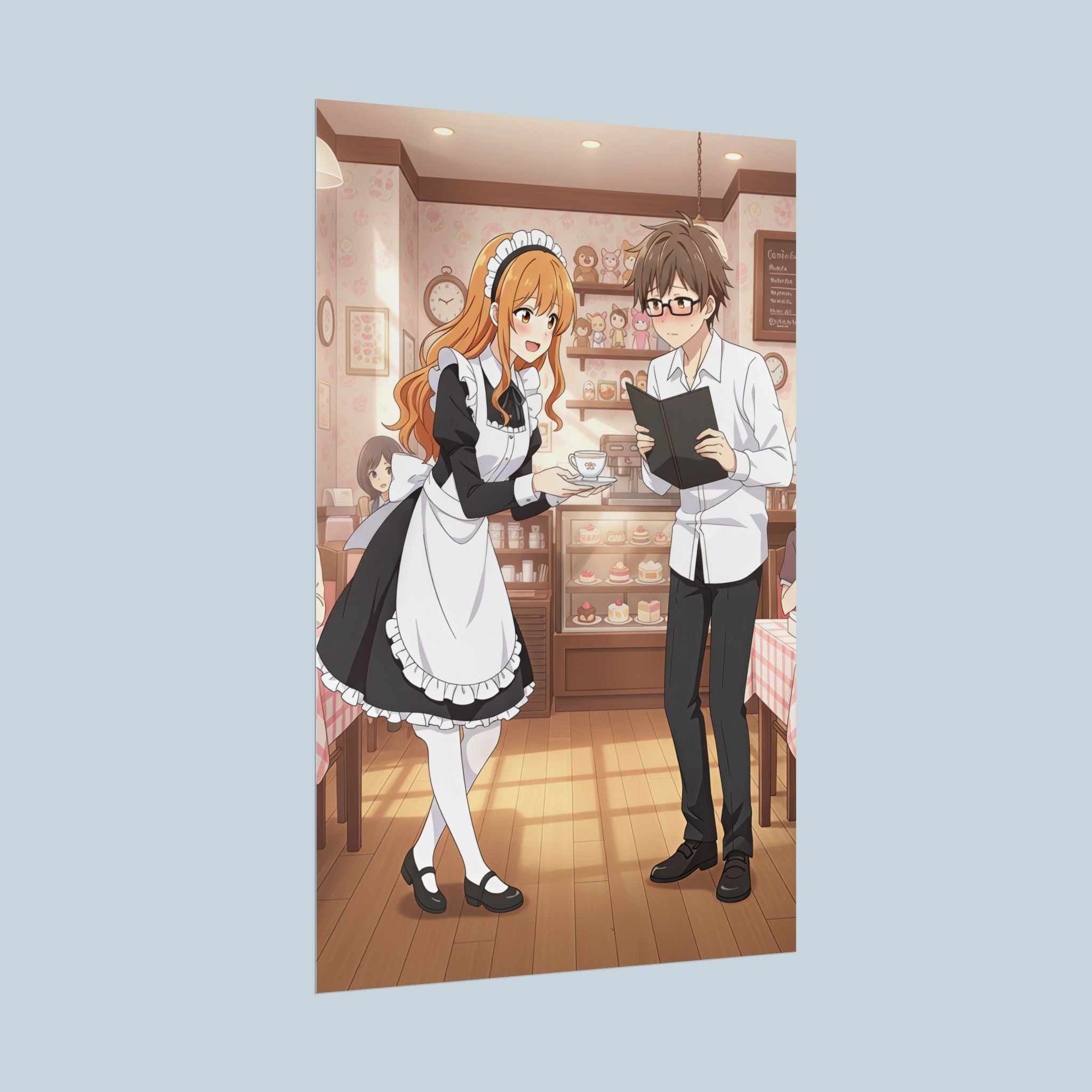 Maid Cafe Anime Poster Cute Manga Style Wall Art Kawaii Waitress and Customer Scene Japanese Cafe Decor Gift for Otaku Fans