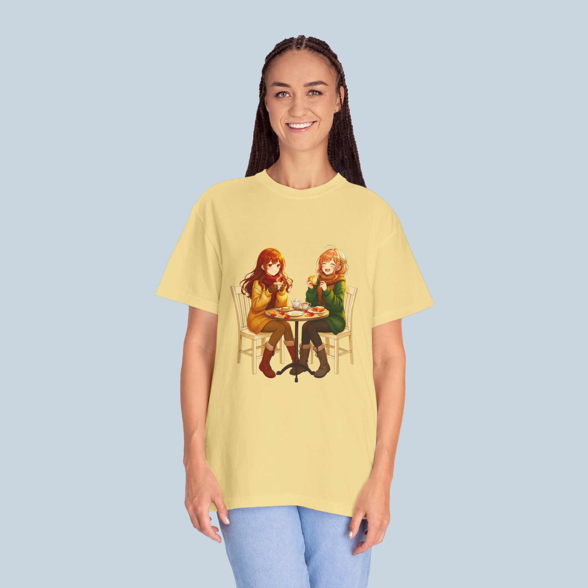 Anime Café Girls T-Shirt Comfort Colors Cute Autumn Friends Shirt Kawaii Manga Style Gift for Anime Lovers and Foodies