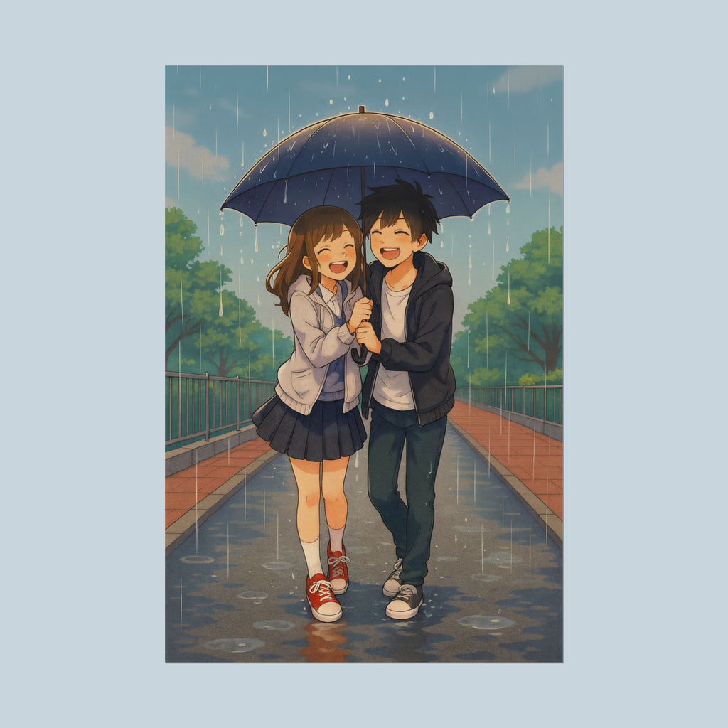 Cute Anime Couple Poster Rainy Day Romance Wall Art for Anime Lovers and Manga Fans