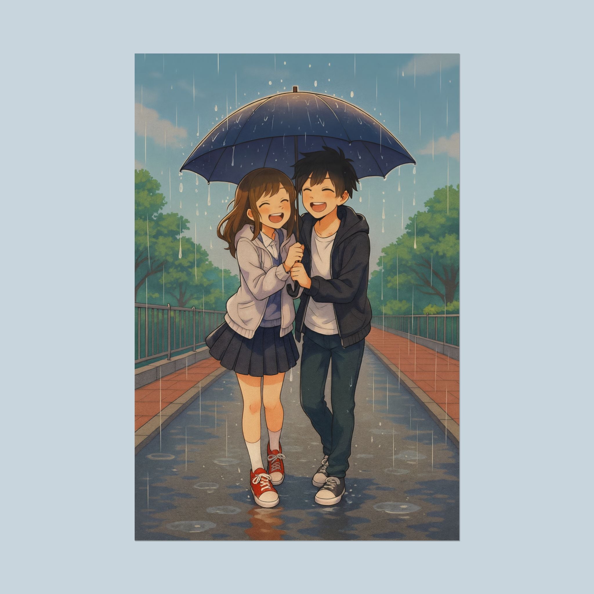Cute Anime Couple Poster Rainy Day Romance Wall Art for Anime Lovers and Manga Fans