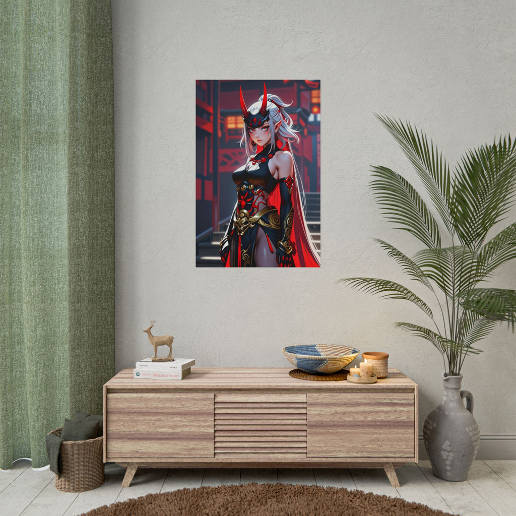 Oni Demon Girl Poster - Anime Pin Up Wall Art - Japanese Horror Fantasy Print - Sexy Demon Mask Art - Cyberpunk Oni Warrior Decor - Epic Anime Apparel