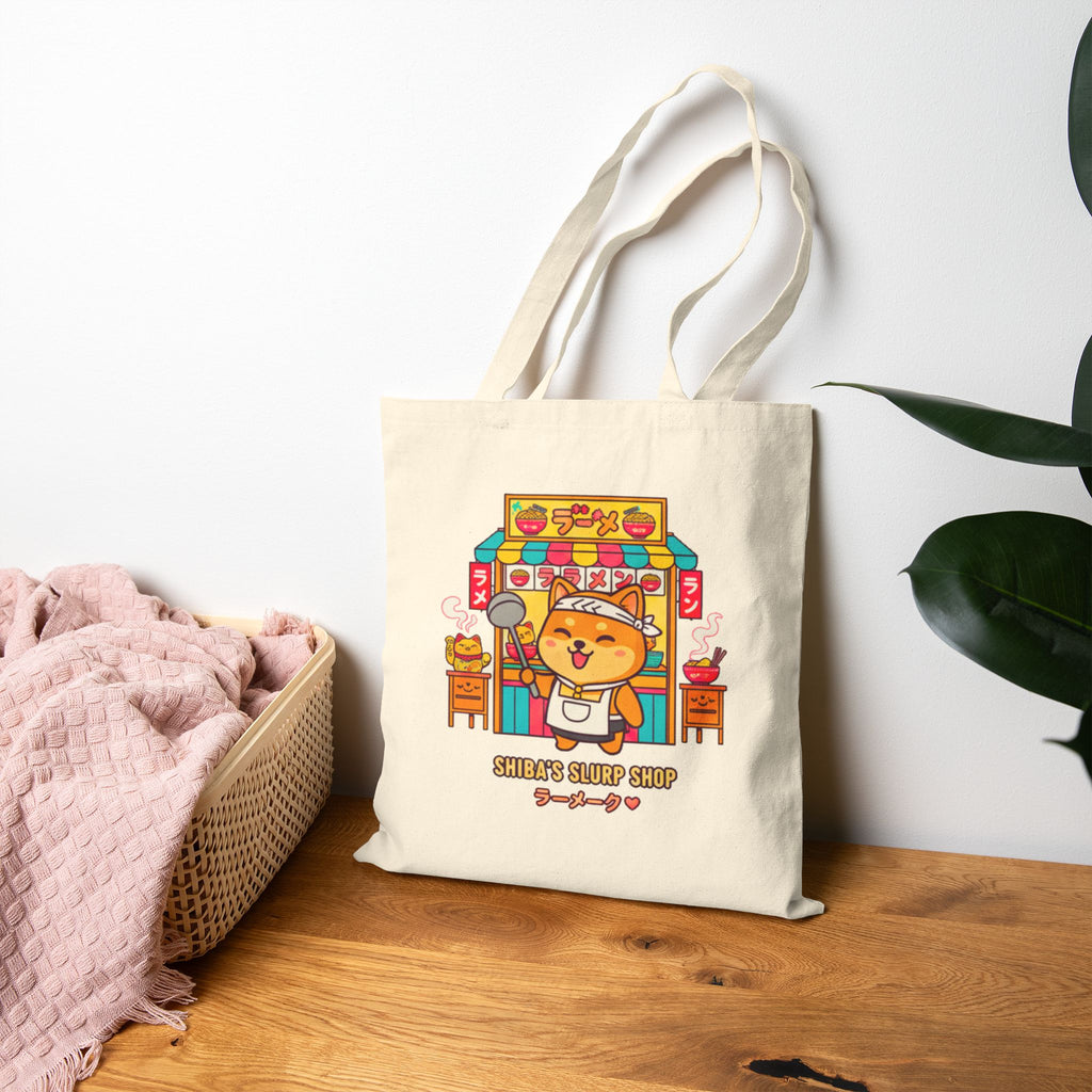 Cute Cat Cafe Tote Bag — Cotton Canvas Grocery & Market Bag with Kawaii Shiba Shop Design