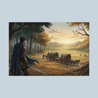 Fantasy Caravan Poster – Medieval Journey Art Print, Lone Warrior Watching Wagons, Storybook Landscape, Adventure Wall Decor