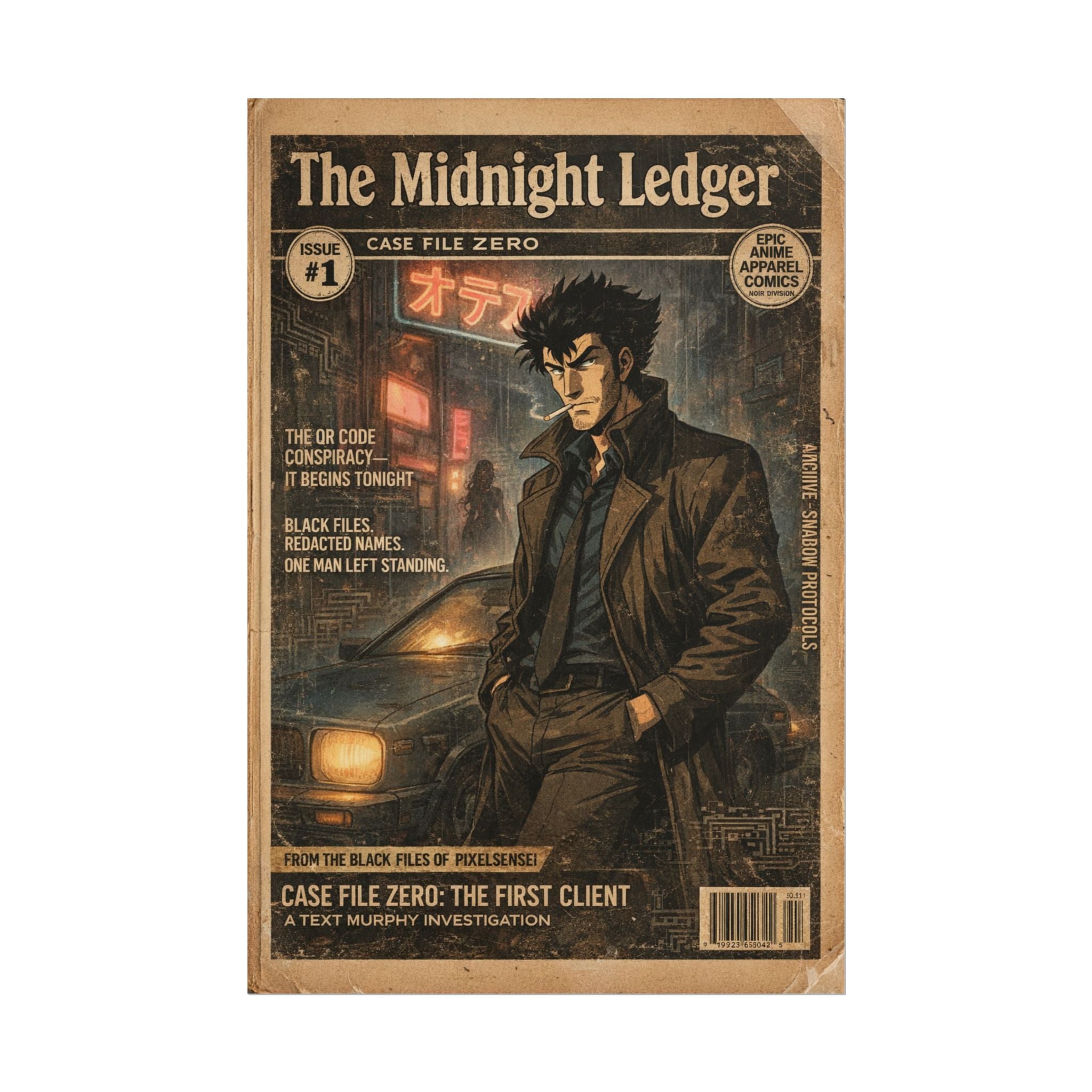 Midnight Ledger Vintage Noir Poster — Rolled Anime Detective Art